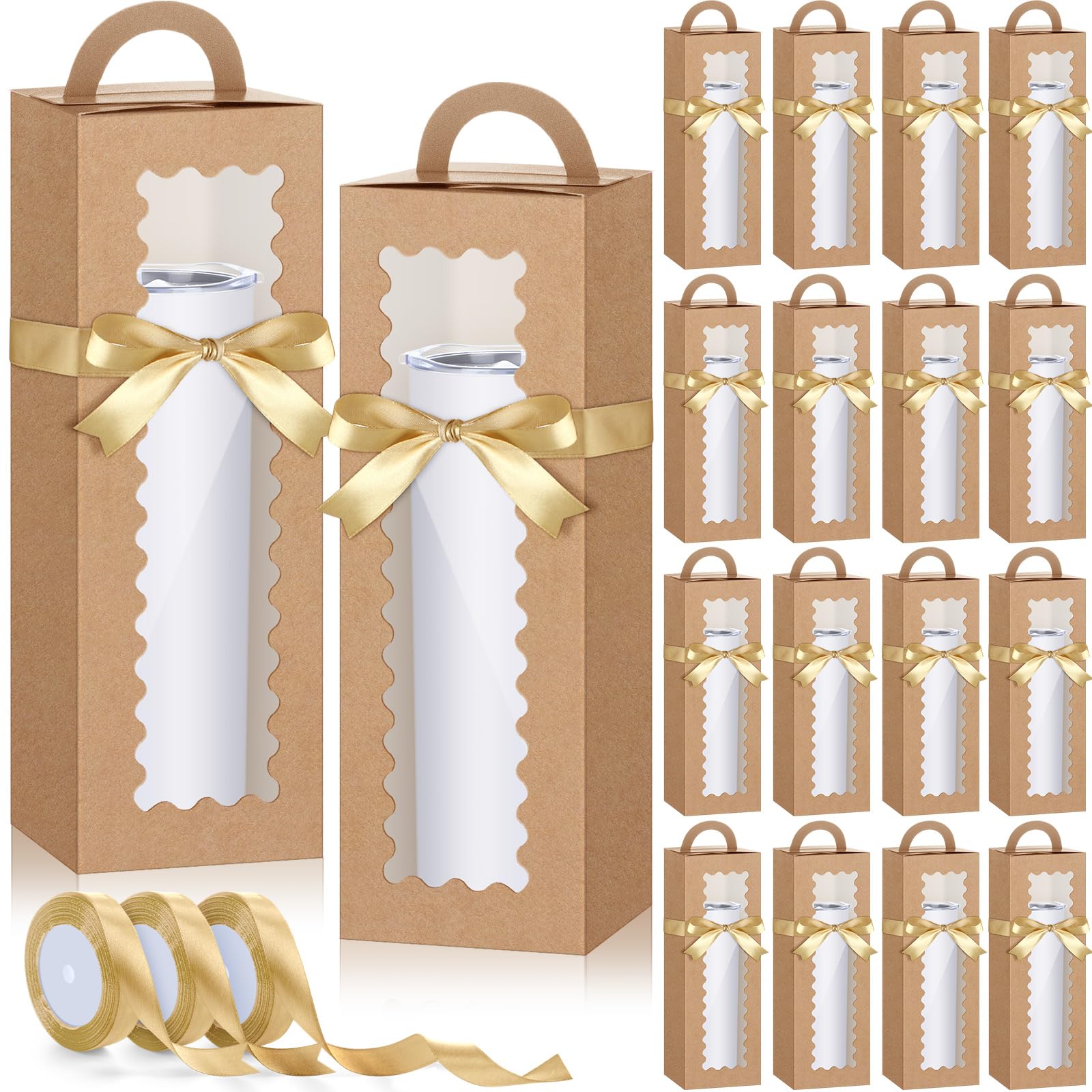 Windyun 100 Pcs Tall Tumbler Gift Boxes with Ribbons Bulk, Window Handle for 30oz 20oz 16oz 12oz Clear Wine Glass Jar Gift Box for Sublimation Packaging Wrapping Shipping 11 x 3.4 x 3.4'' (Brown)