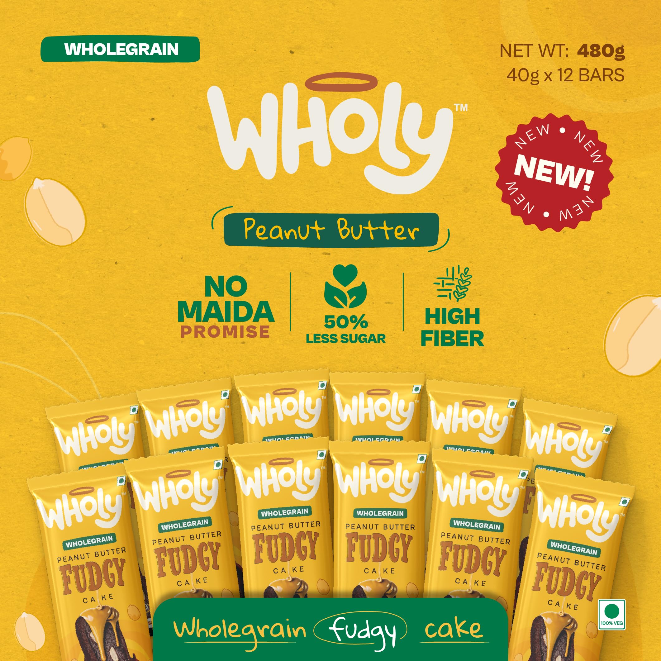 Wholy Wholegrain Peanut Butter Fudgy Center Filled Cake | High Fibre | Moist & Delicious | Eggless | Trans Fat Free | Multigrain Nutritious Balanced Snack - 40g (Pack Of 12)