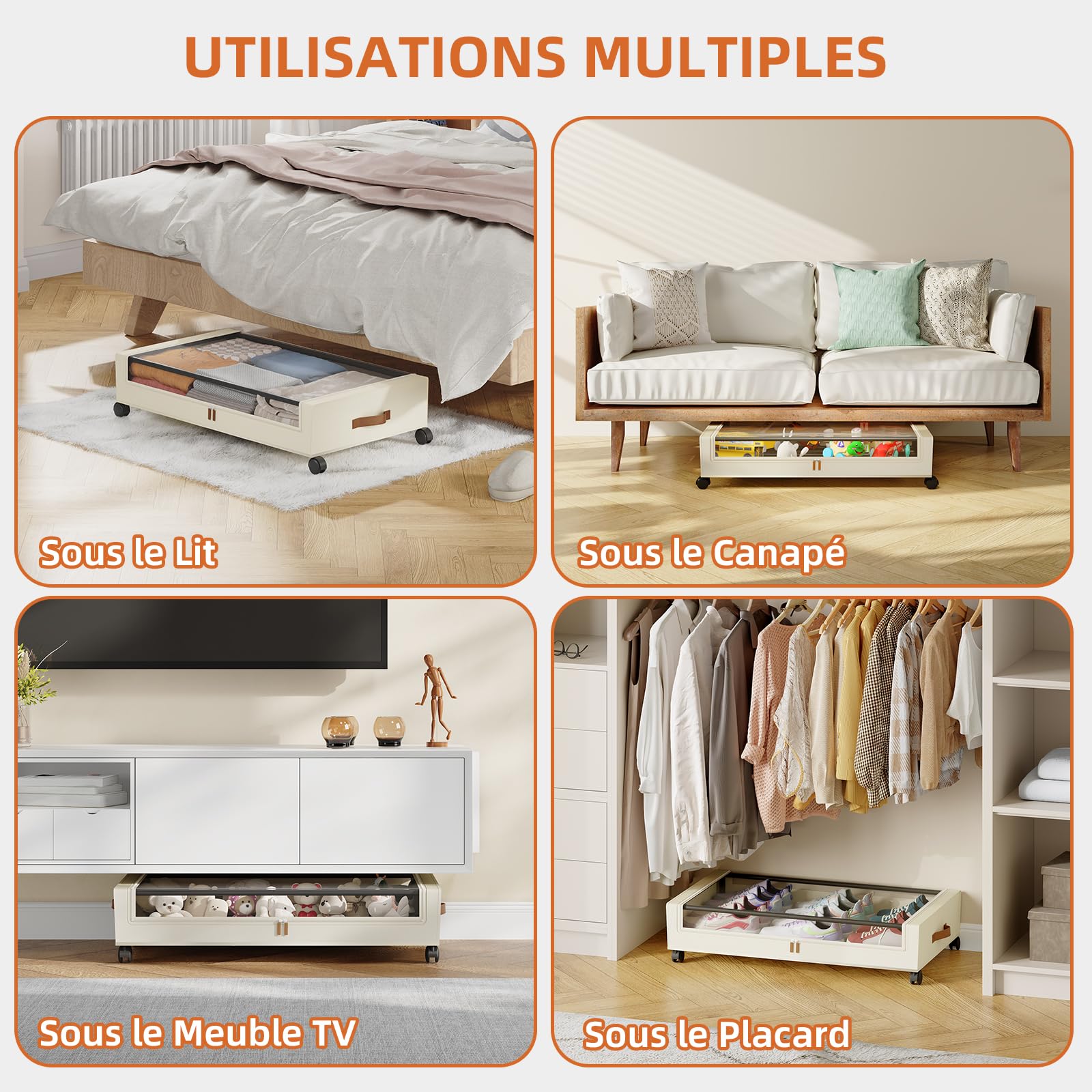 Somdot 2 Contenitori Sottoletto, Scatole Pieghevoli da 48 L con Ruote, Coperchio e Chiusura Lampo, Ideali per Vestiti, Biancheria da Letto e Scarpe, 43.5P x 78.5l x 17H, Beige