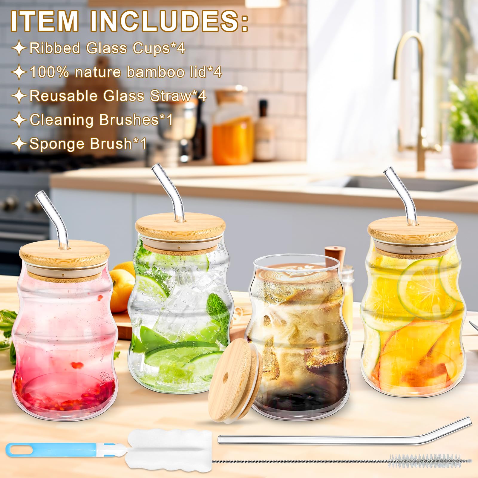 Juego de 4 Tazas de Café de Cristal, 530ML Vasos de Latte Macchiato, Vasos de Cóctel, Tazas de Vidrio Borosilicato, con Tapa con Pajita de Vidrio y Cepillo, para Café, Leche, Latte, Macchiato