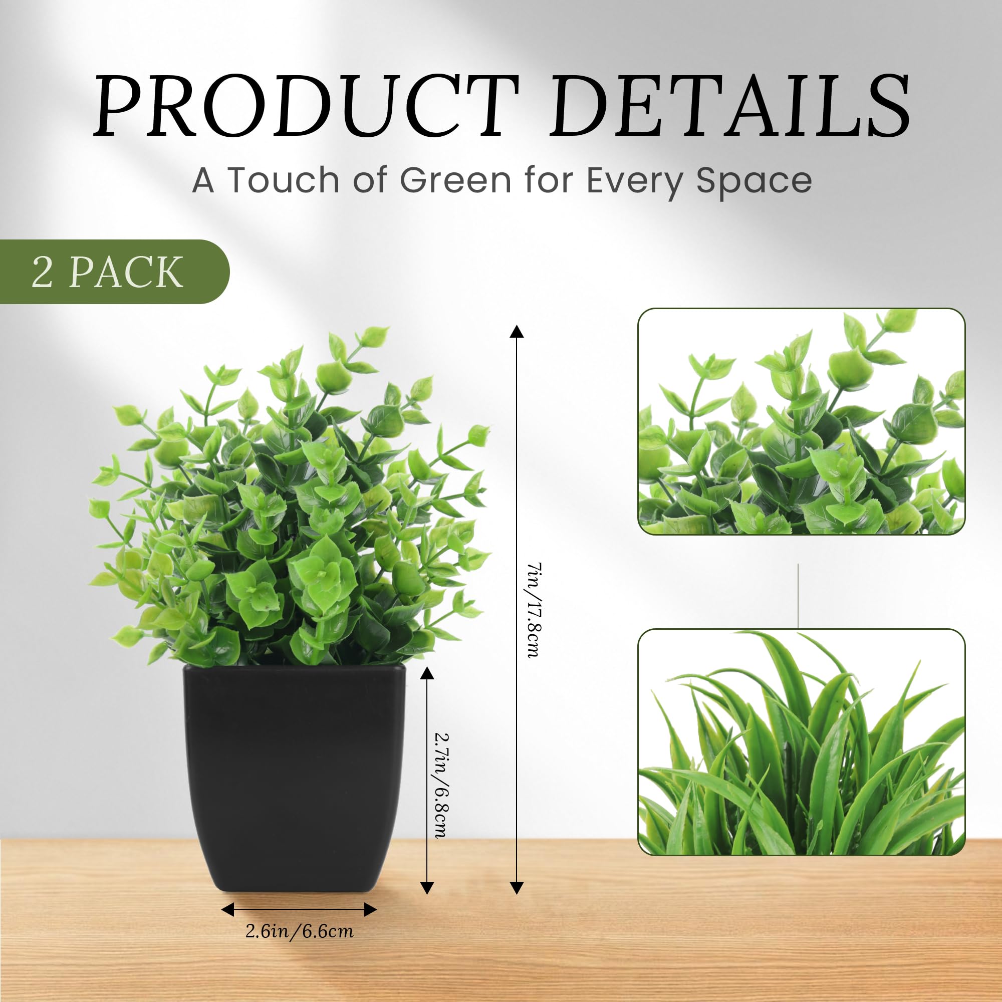 BTSD-home 2 Pack Fake Plants Small Potted Greenery Artificial Plants Indoor for Home Office Bathroom Desk Shelf Table Decor(Black) - Image 2