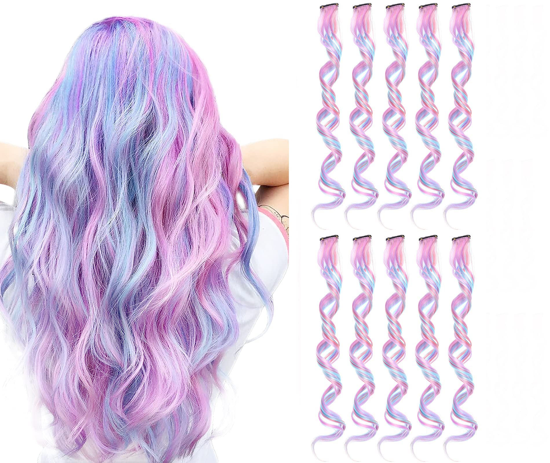 KASTWAVE Colored Clip in Hair Extension, 26 inch Mixed Unicorn Color Heat-Resistant Curly Hairpieces for Girls Women Kids, Cosplay Party Decoration Highlights 10 PCS (Light Purple)