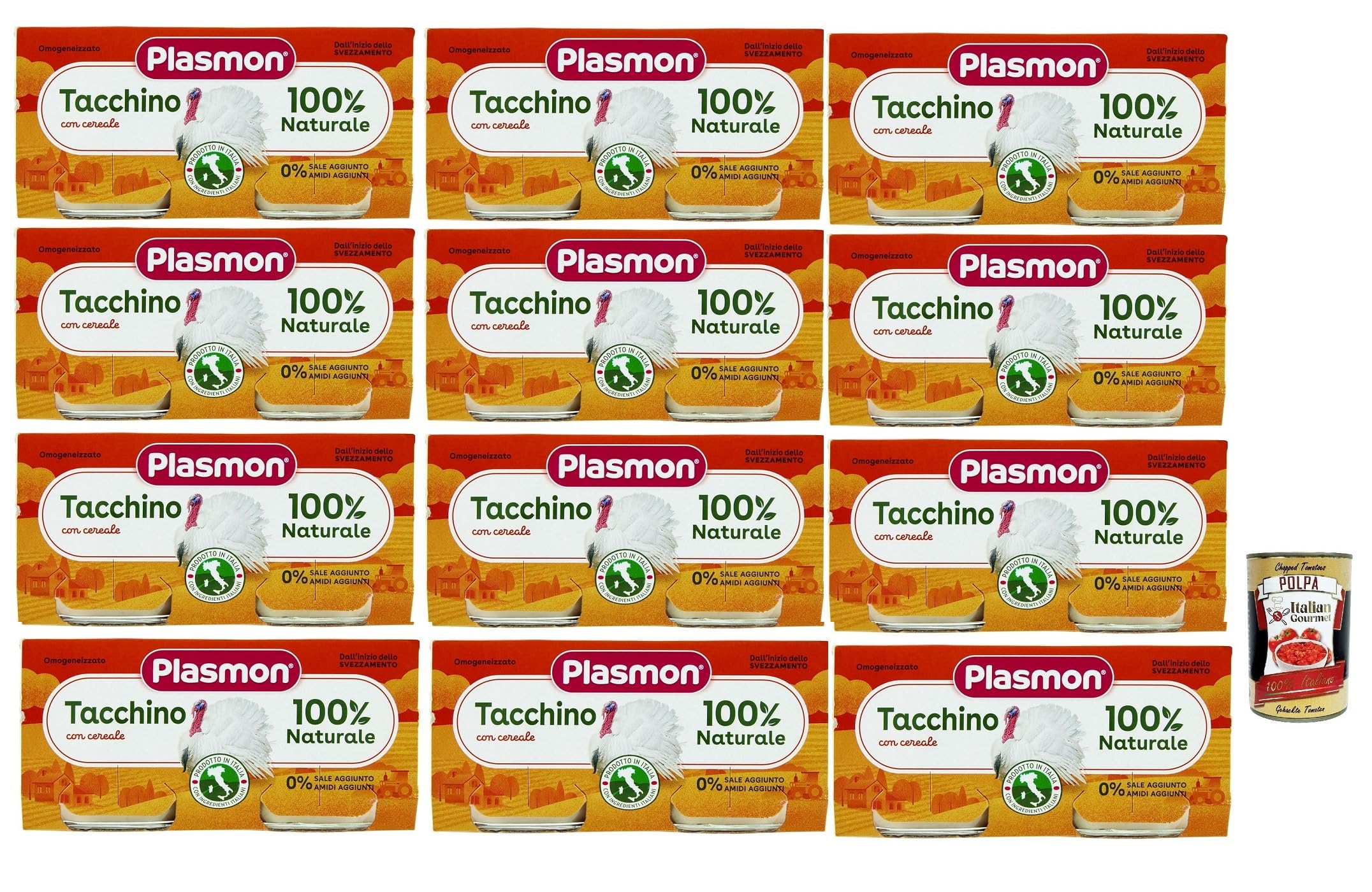 Plasmon Carne Tacchino e cereale 12x (2x80g) Mit italienischem Fleisch, 100% natürlich, ohne Stärken und Räume hinzugefügt + Italian Gourmet polpa 400g