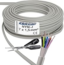 EBROM – NYM-J 7x1,5 mm² (mm2) Mantel GRAU, 7 Litzen FARBIG zur perfekten Zuordnung bei der Installation, sehr viele Längen! 99,9% OFC Kupfer - Mantelleitung - Installationsleitung, Länge: 6 Meter