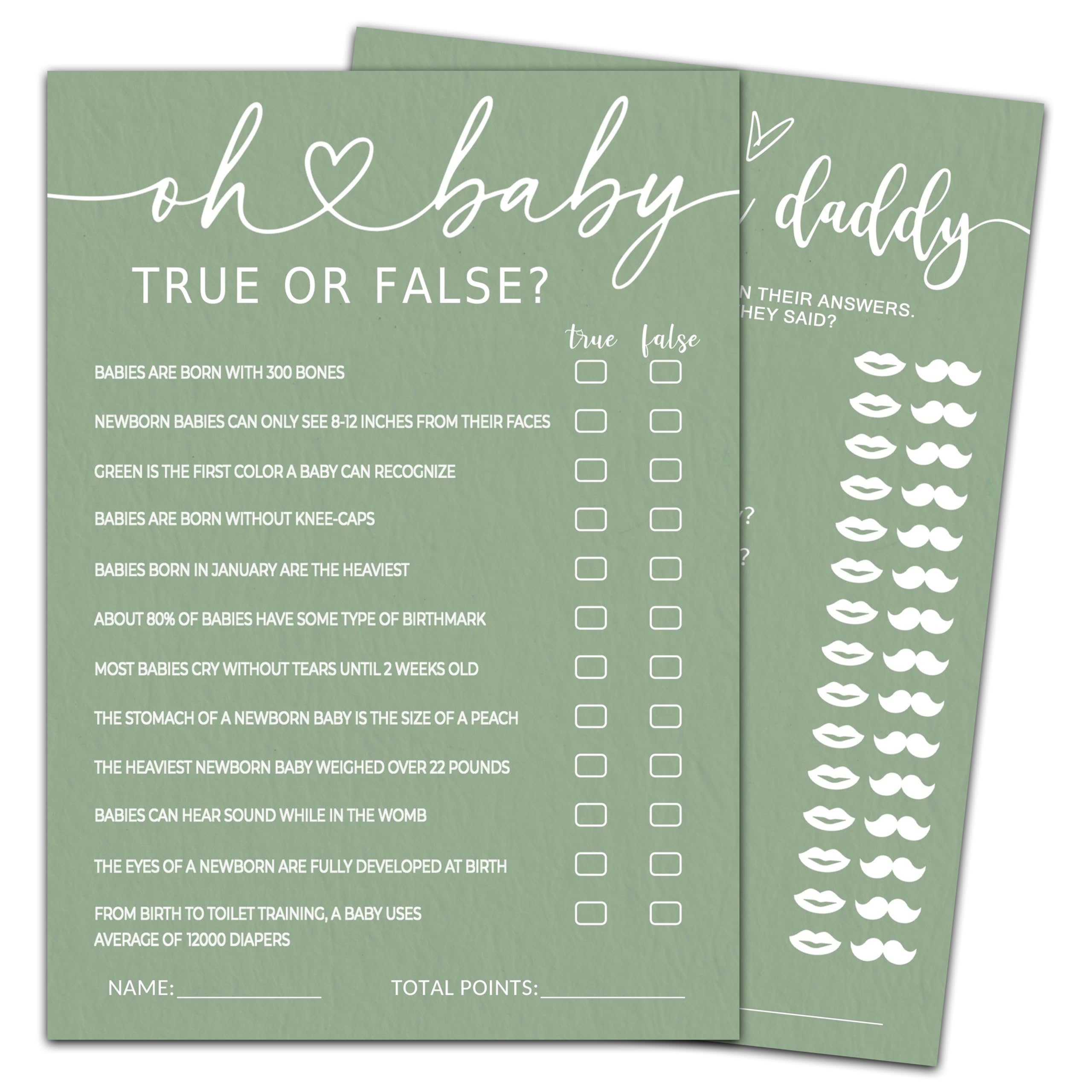 Nuhany Hilarious Baby Shower Game Cards Ideas, 5" x 7" Double-Sided Baby Shower Games for Girl or Boy, Green Minimalism Gender Reveal Party Supplies -