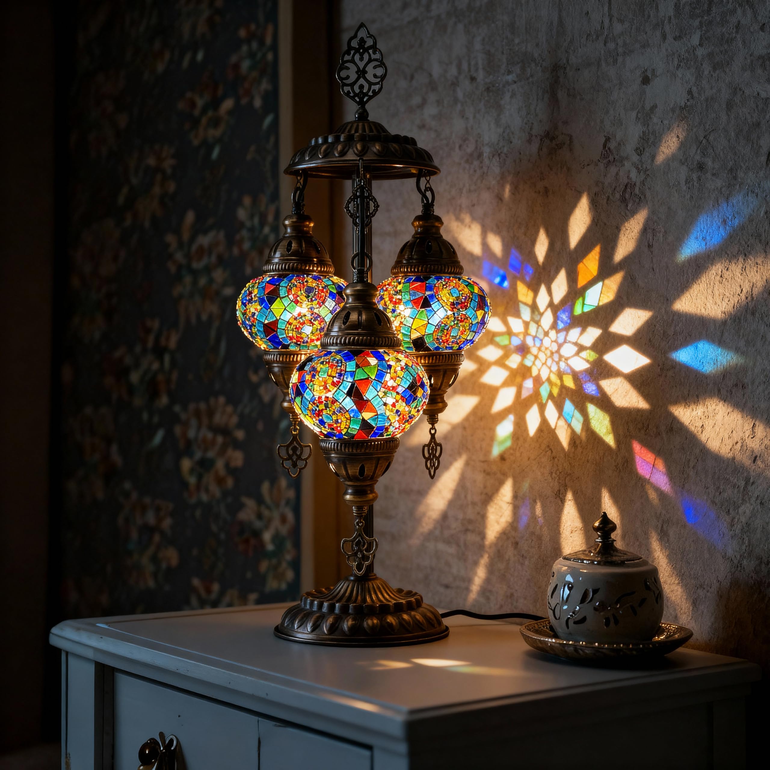 Mozaist Turkish Mosaic Lamp with Bulb – 3 Globe Tiffany-Style Moroccan Table Light (Multi-Colored)