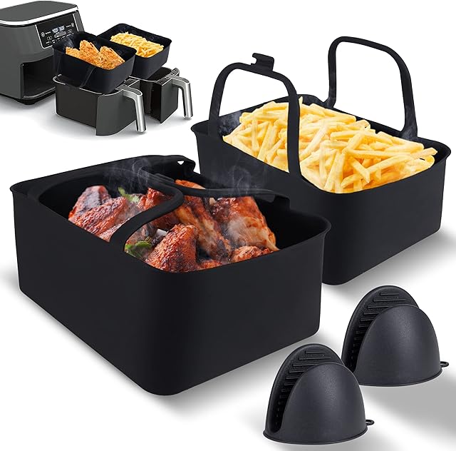 CaringCook Silicone Liners for Dual Air Fryer with Gloves, 2 PCS Dual Basket Air Fryer Liners with Handles for Ninja AF400UK, Reusable Silicone Pot for Oven Microwave, Black