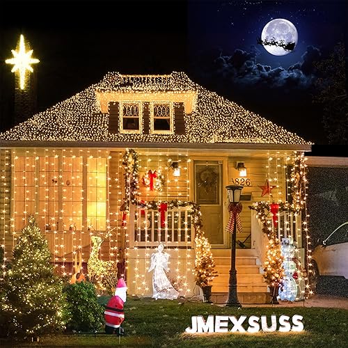 Miniatura 9 de JMEXSUSS 900 luces LED de cortina de Navidad para exteriores, 9.5 x 29.5 pies, luces de Navidad enchufables con control remoto, luces colgantes de