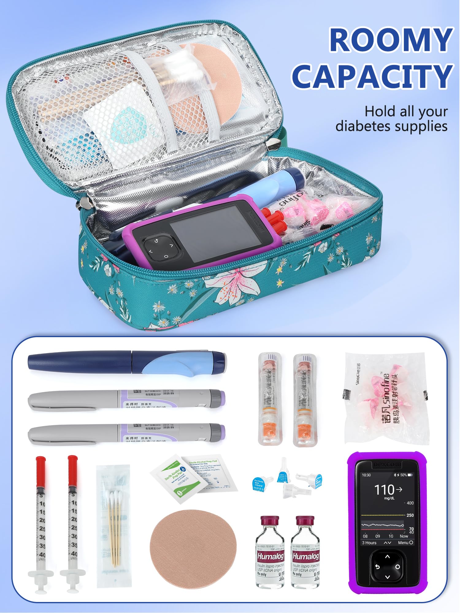 YOUSHARES Trousse Isotherme Insuline - Sac Isotherme Medicament Voyage pour Diabetique Affichage de la Température, Pochette Isotherme Insuline Injection avec Poche Glacière pour Stylo, Lys