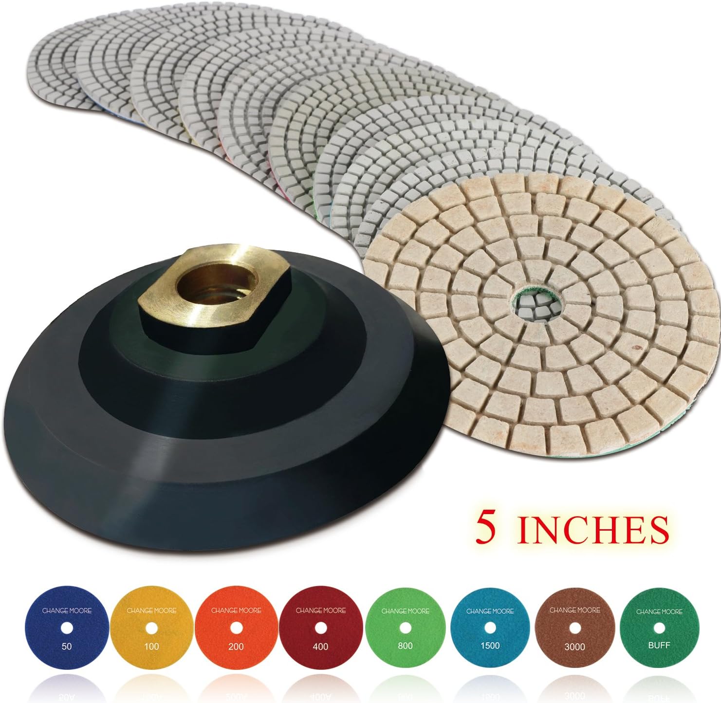 CHANGE MOORE Wet Diamond Polishing Pads Set 5 Inch for Marble Granite Travertine Terrazzo Concrete Stones Quartz Countertop Floor, 10 PCS and 1 Rubber Backing Pad (5/8" Arbor)