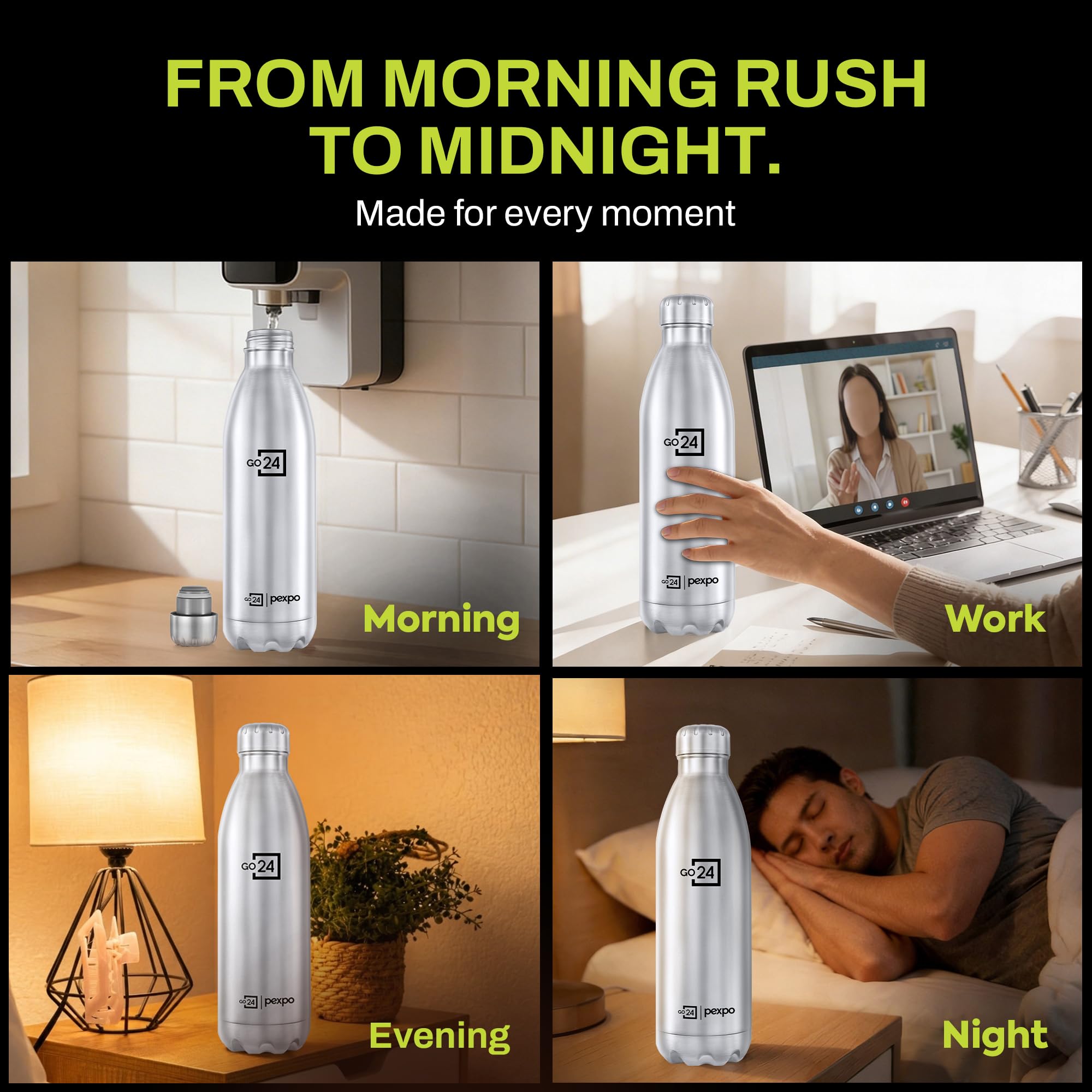 Go24 pexpo Stainless Steel Water Bottle Electro Silver 1750ml 3