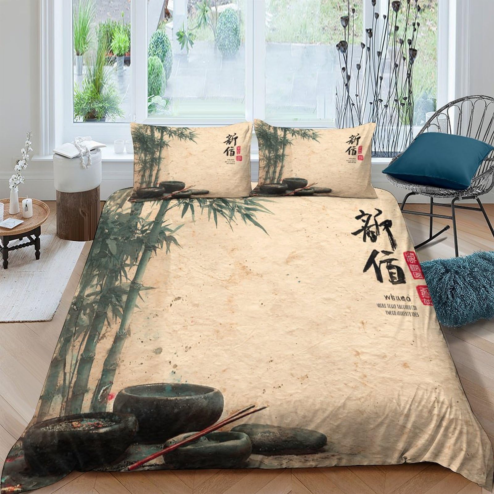 Ctjqhvkz Style-2 3D Printed Bamboo Zen Fitted Sheet Microfiber Beige Asian Calligraphy Mattress Cover Non Slip For Bedroom Guest Room Single（135X200cm）
