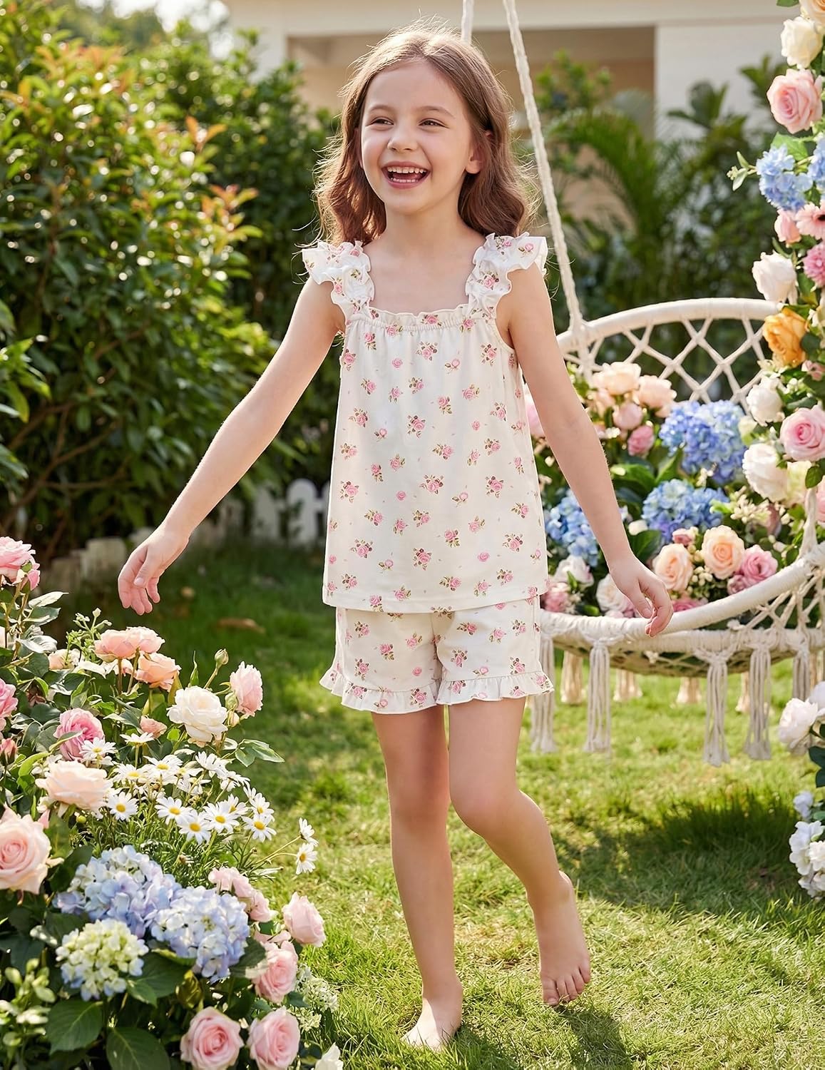 Arshiner Girls Pajamas Ruffle Tank Top and Shorts Sets Soft Cute 2 Piece Sleepwear for Kids