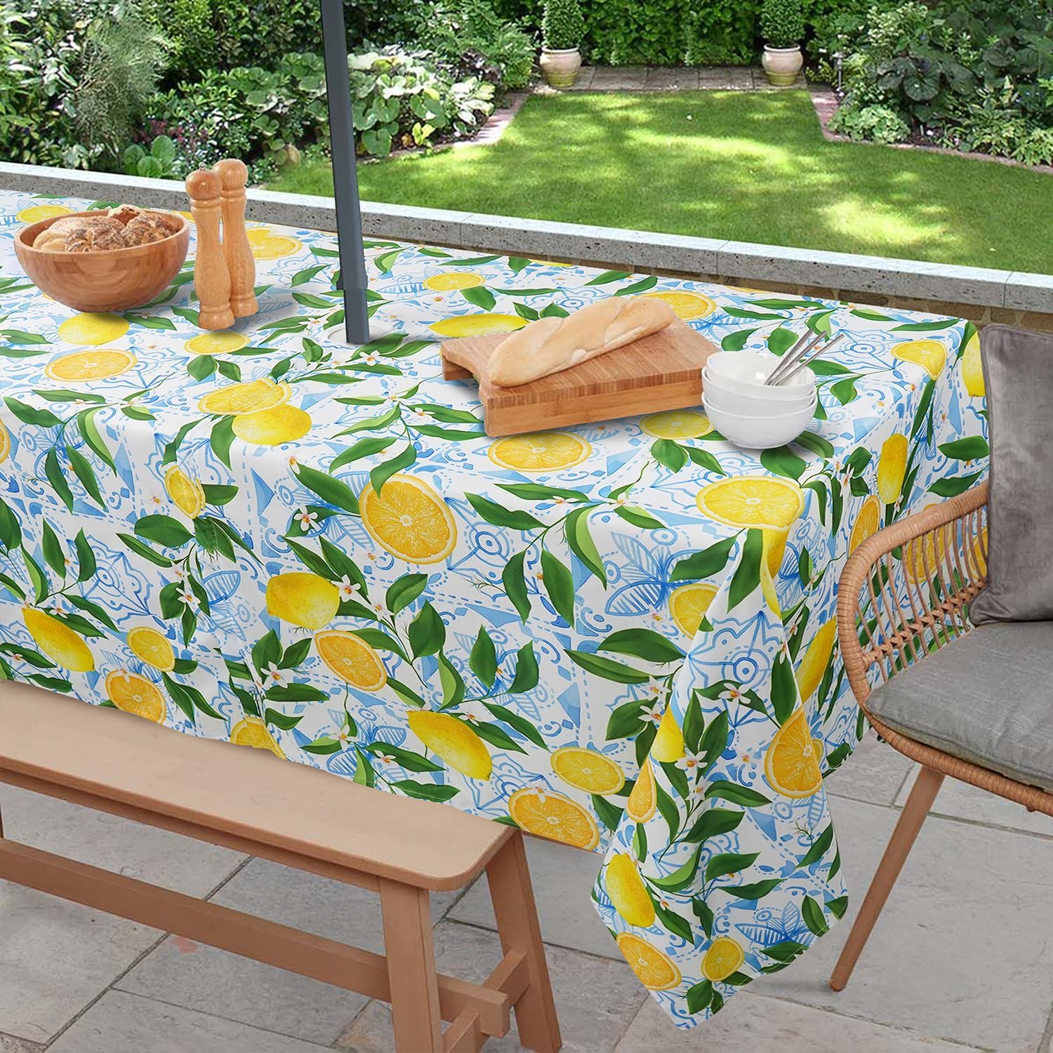 Outdoor Tablecloth with Umbrella Hole and Zipper, Oval Patio Table Covers for Spring/Summer, Machine Washable Outdoor Picnic Table Cloth (Boho, 60" × 84" Oval)