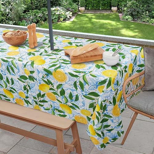 Virtumob Outdoor Tablecloth with Umbrella Hole and Zipper, Rectangle Patio Table Covers for Spring/Summer, Machine Washable Outdoor Picnic Table Cloth (Lemon, 60" × 84" Rectangular)