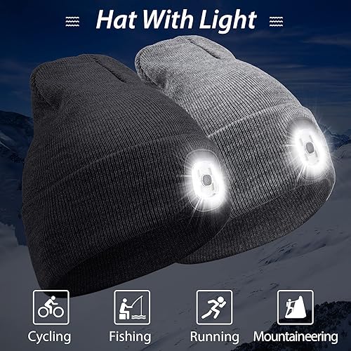 Miniatura 5 de Zhanmai Paquete de 4 gorros con luz LED, recargable por USB, gorro de punto iluminado para invierno, regalos para hombres