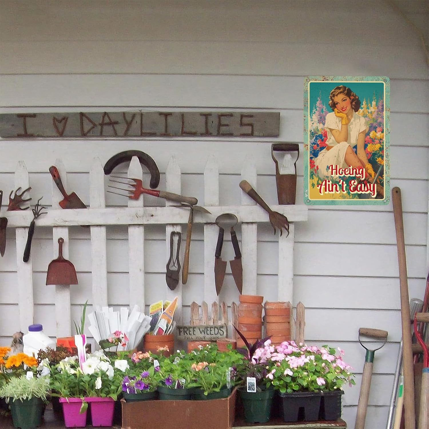 Vintage Metal Garden Sign, 12x8 Inch Rustic Metal Tin Sign Wall Plaque for Outside Patio Yard Art Decoration Funny Gardening Gifts for Women, Mom, Plant Lovers (Hoeing Ain't Easy)