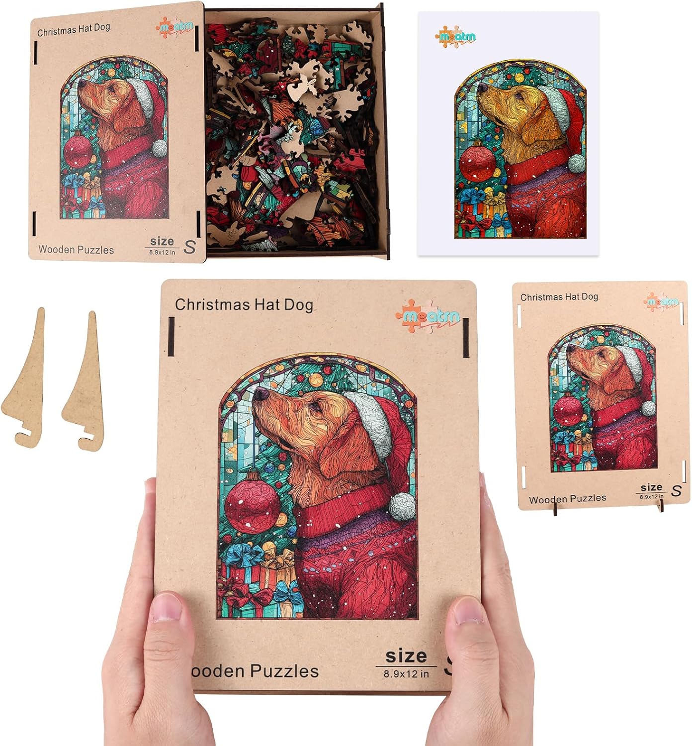 MEATRN Christmas Jigsaw Puzzles for Adults - Dog with Santa Hat 498 Pcs Unique Shaped Holiday Wood Puzzle with Wooden Storage Box, Festive Family Game Night for Art Lovers 13.5x18.3 Inch