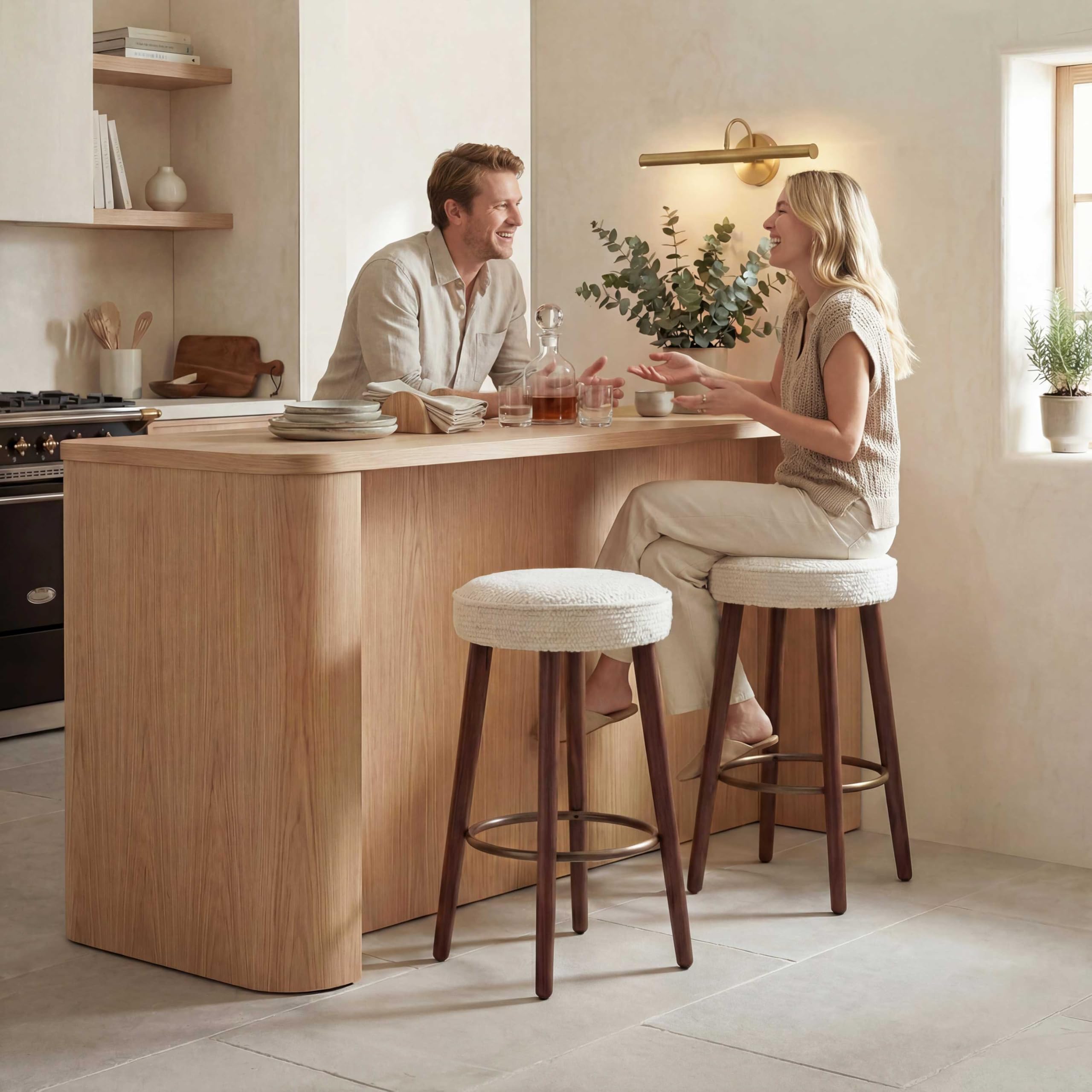 Set of 2 Chenille Bar Stools, 68cm Counter Height Upholstered Kitchen Bar Chairs with Solid Wood Legs, Modern Kitchen Island Stools for Breakfast Counter, Dining Room, Home Bar, Beige — view 7