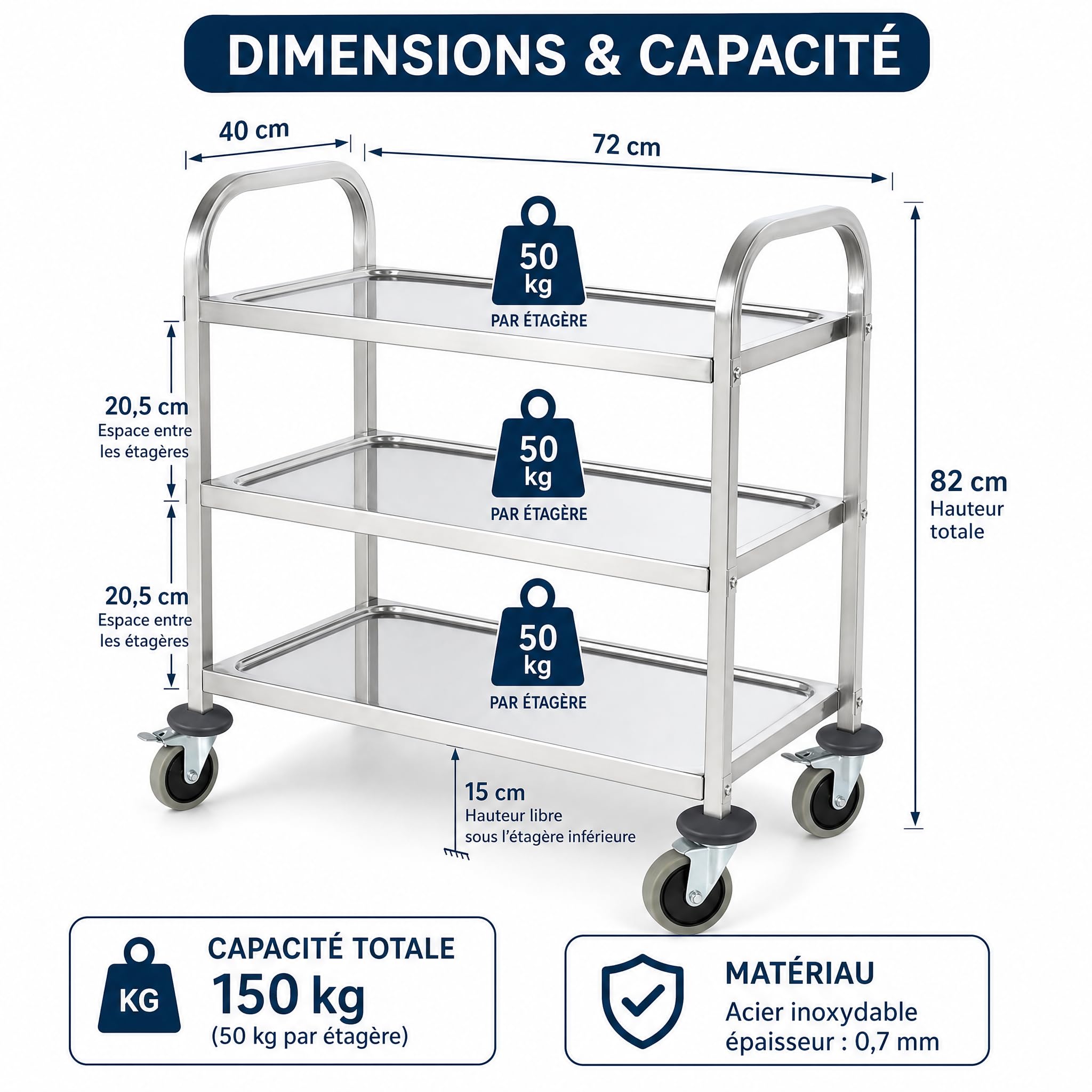 Chariot de Service en Acier Inoxydable avec roulettes Chariot à Main Roues 72x40x82cm