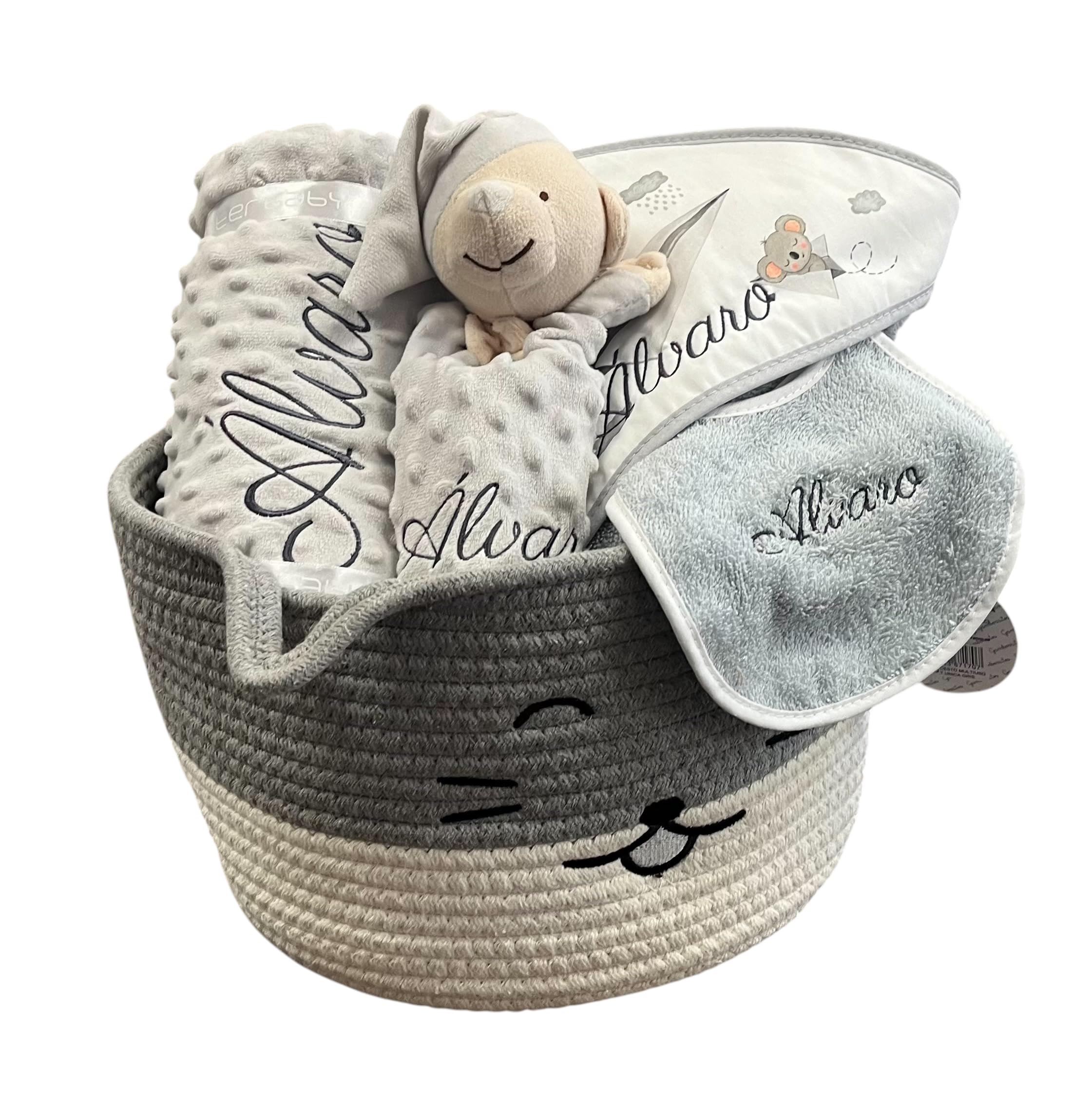 Danielstore Canastilla Bebé Personalizada | Set Regalo para Recién Nacido, 50% algodón 50% poliéster | Incluye manta, dou dou, toalla baño, babero Cat gris