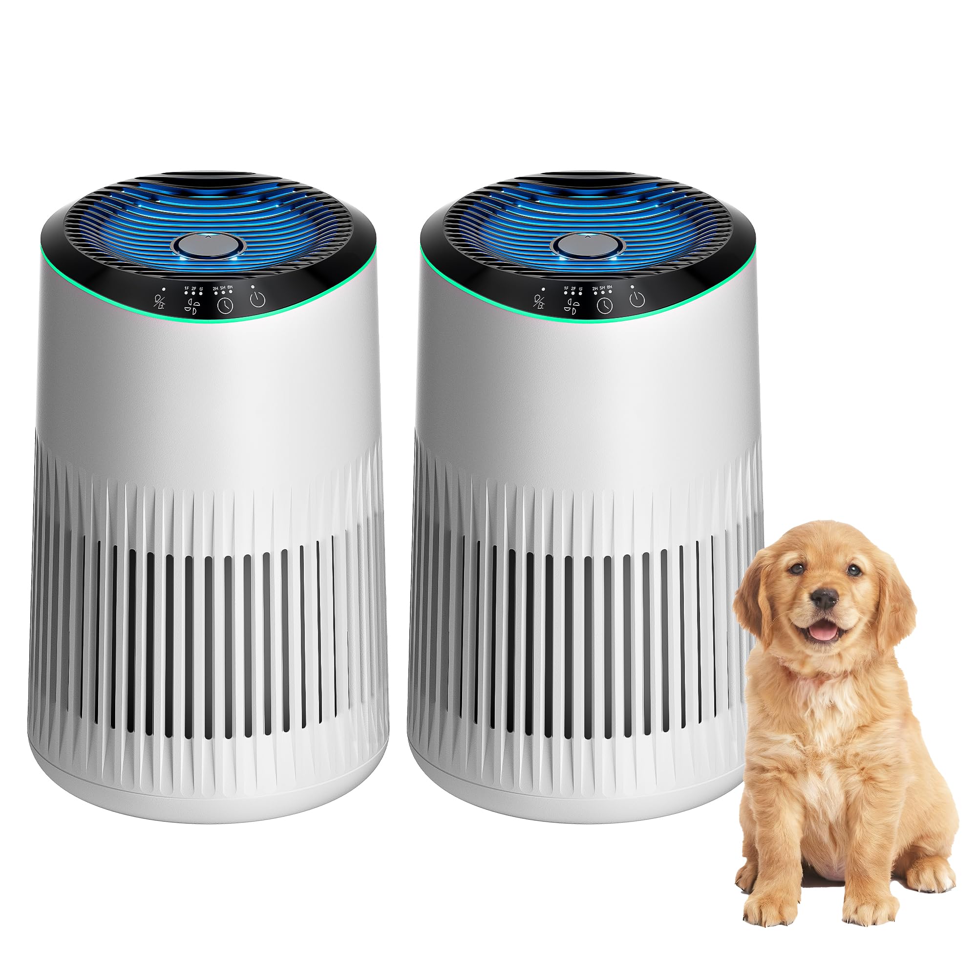 Air Purifiers for Bedroom Home with Sleep Mode for Smoke Pet Dander Odors, Small Air Purifier with Fragrance Sponge, Blue Ambient Light, 23dB Quiet, 2 Pack White