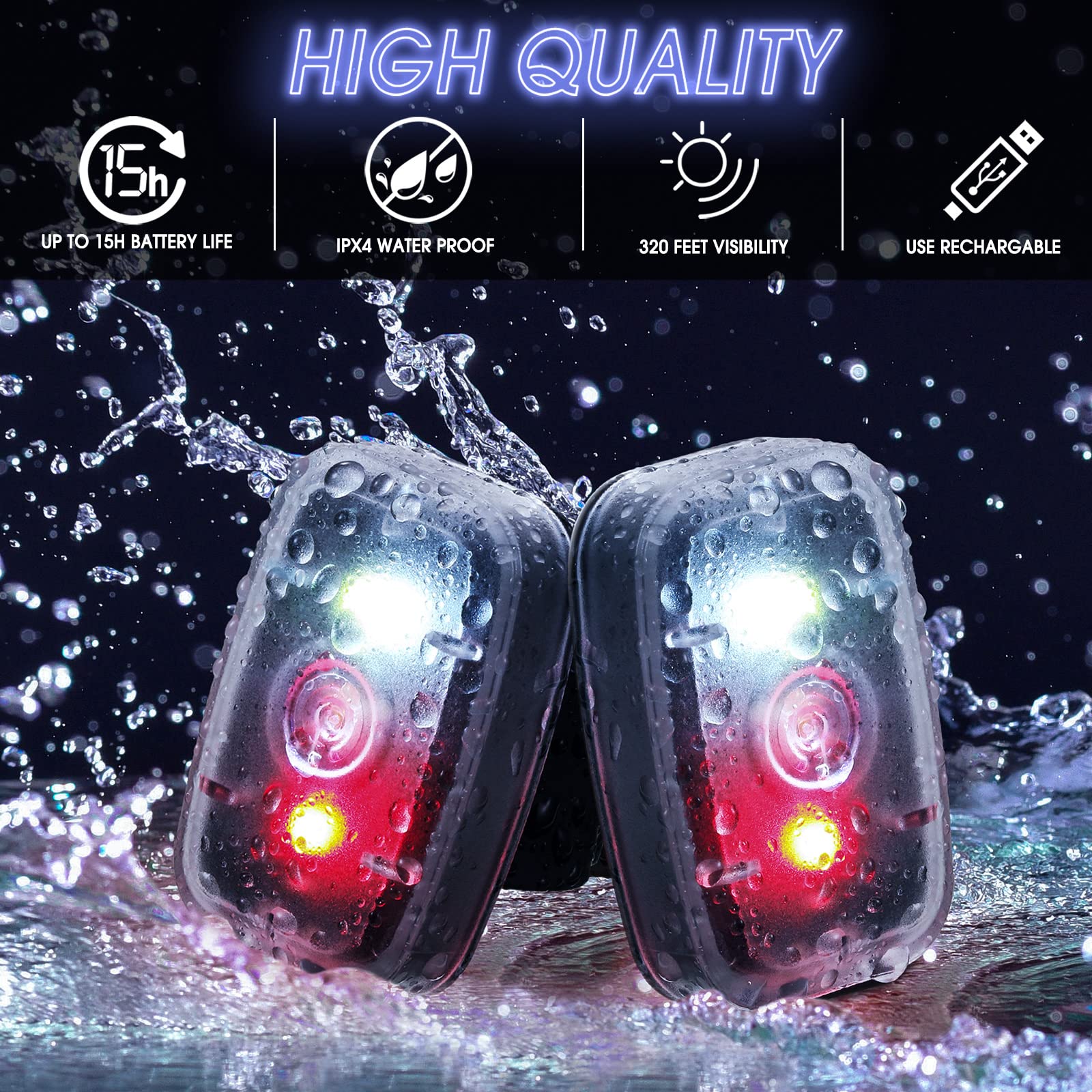 Feux de sécurité LED pour coureurs - Rechargeable par USB - Feu arrière stroboscopique à clipser - 5 modes - Feux de marche clignotants pour le cyclisme de nuit, la randonnée, les animaux domestiques