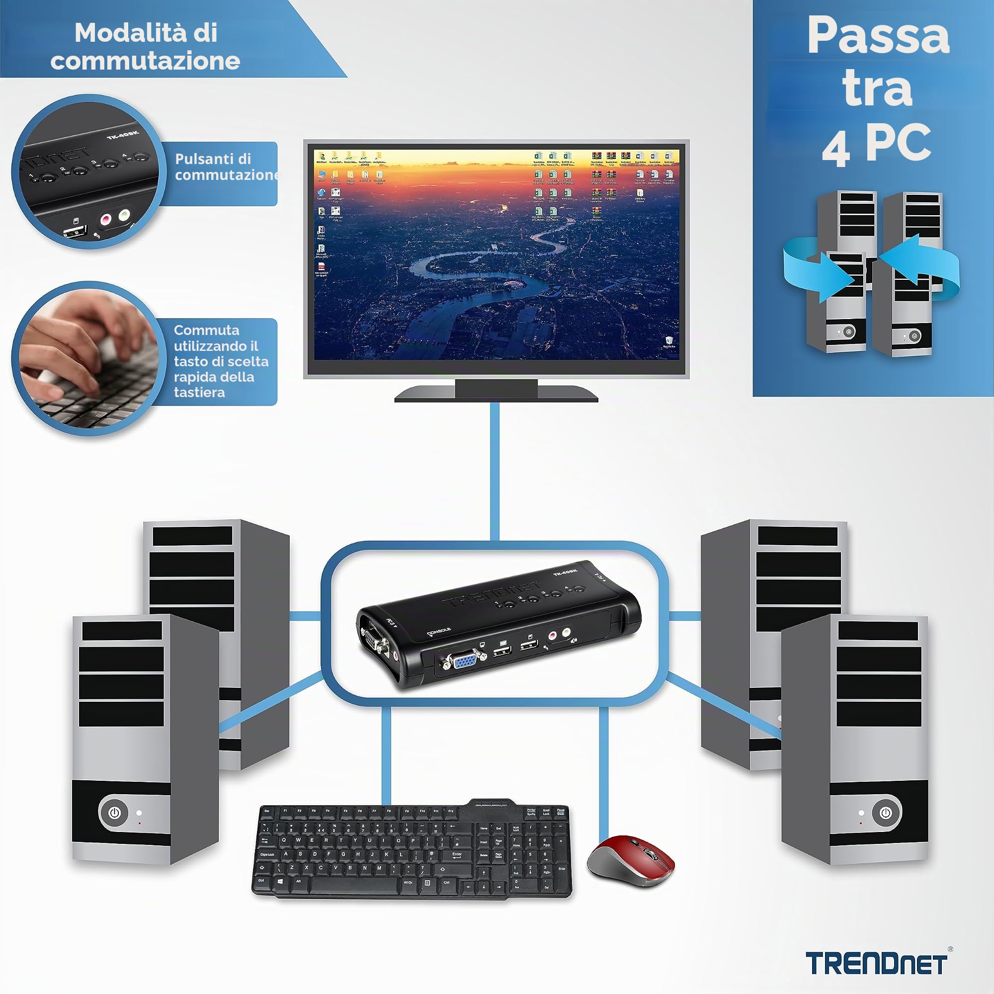 TRENDnet, TK-407K, 4-Port USB KVM Switch, connessioni VGA e USB, risoluzione 2048 x 1536, cablaggio incluso, nero