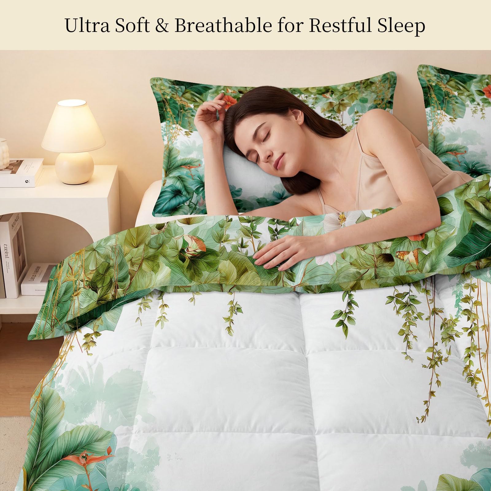 Trapunta 4 stagioni reversibile con 2 federe, 220 x 240 cm stile giungla tropicale disegnato a mano viti pappagalli fiori foglie bianco trapunta trapuntata senza cappuccio morbido traspirante