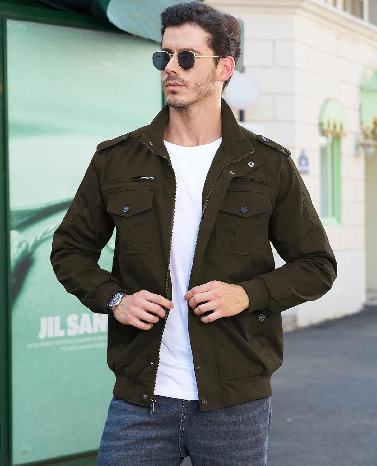 EKLENTSON Men's Cotton Lightweight Multi Pockets Zip Front Stand Collar Military Jackets Windbreaker - Image 4