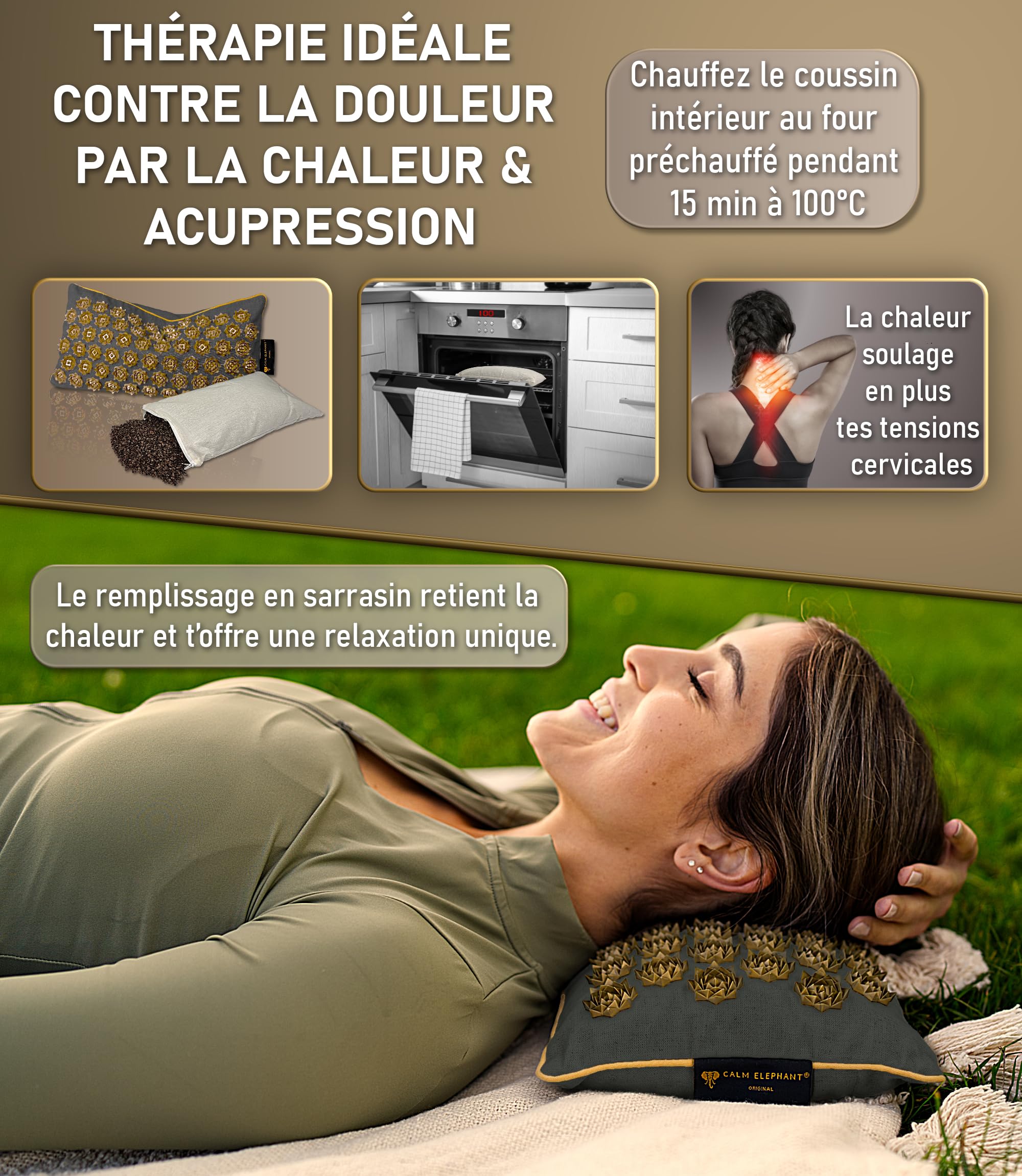 CALM ELEPHANT ORIGINAL XL Tapis Acupression PURE ECO et Coussin Ergonomique, Tapis Champ de Fleurs, Soulagement Dos, Cou & Épaules, Réflexologie, Anti-Stress, Méditation, fonction chauffante et sac