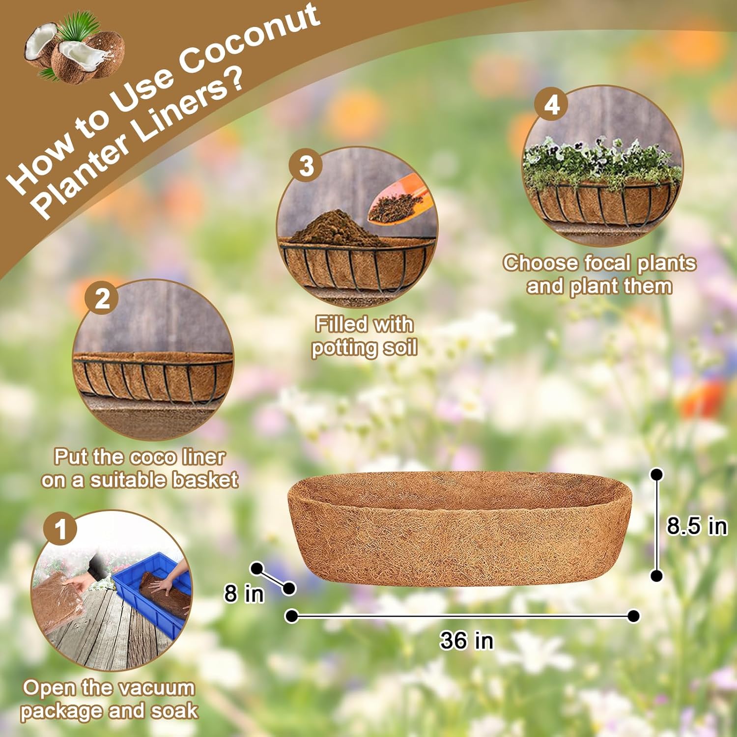 Coconut Fiber Planter Liner, 3PCS 36 Inch Natural Coco Liners for Deck Hanging Planter Window Box Liners Half Moon Shape Replacement for Flower Pots Horse Trough Hanging Basket Vegetables Pot