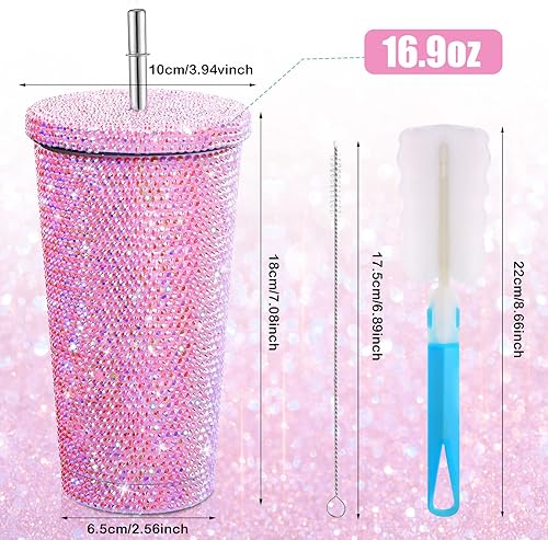 Miniatura 2 de Mimorou Botella de agua con purpurina y tapa, de acero inoxidable, con diseño de diamantes de imitación, con 1 cepillo para tazas, 6 cepillos para