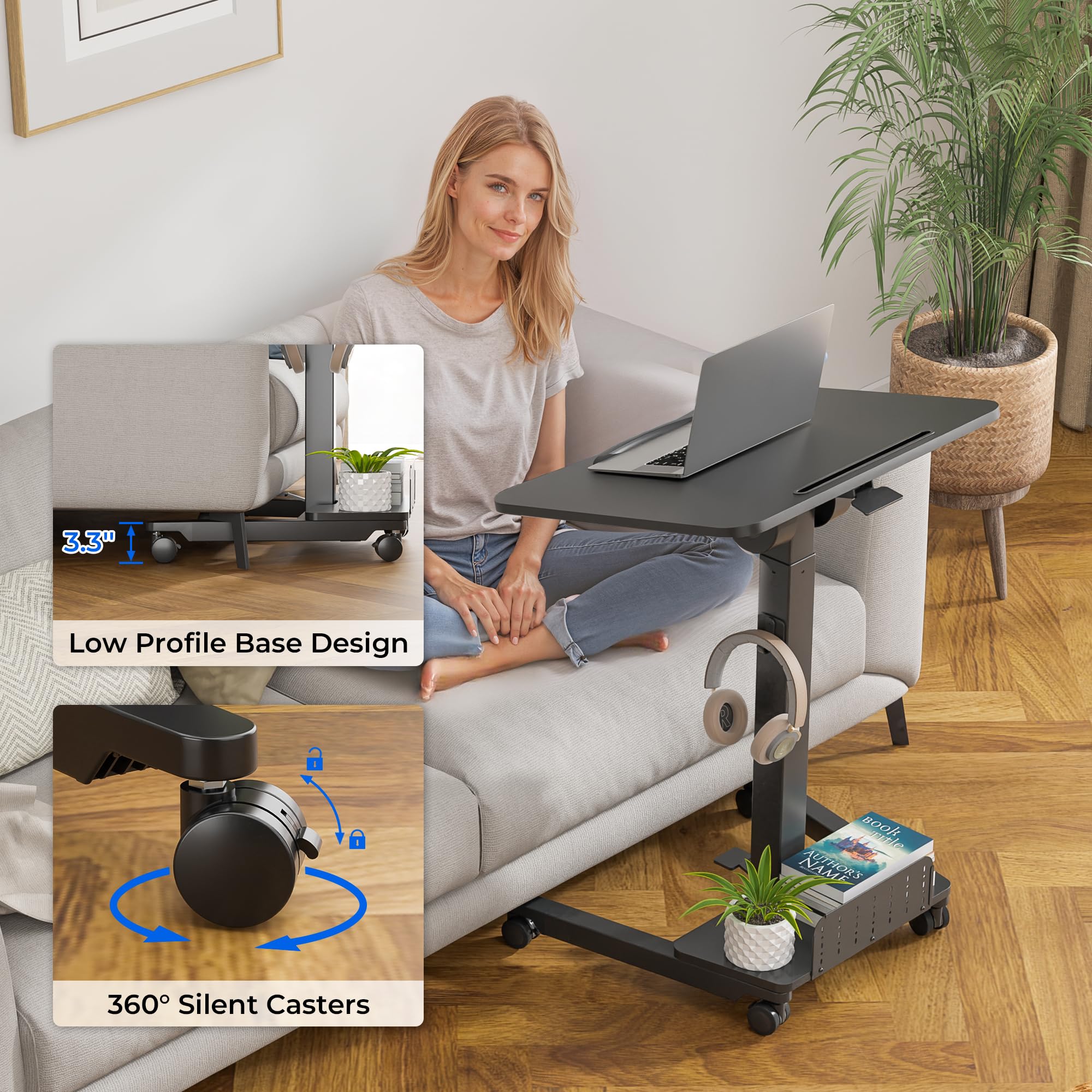 BONTEC Mobile Standing Desk Adjustable Height Rolling Laptop Cart with Storage Shelf Hooks Portable Workstation with Pneumatic Lift — view 6