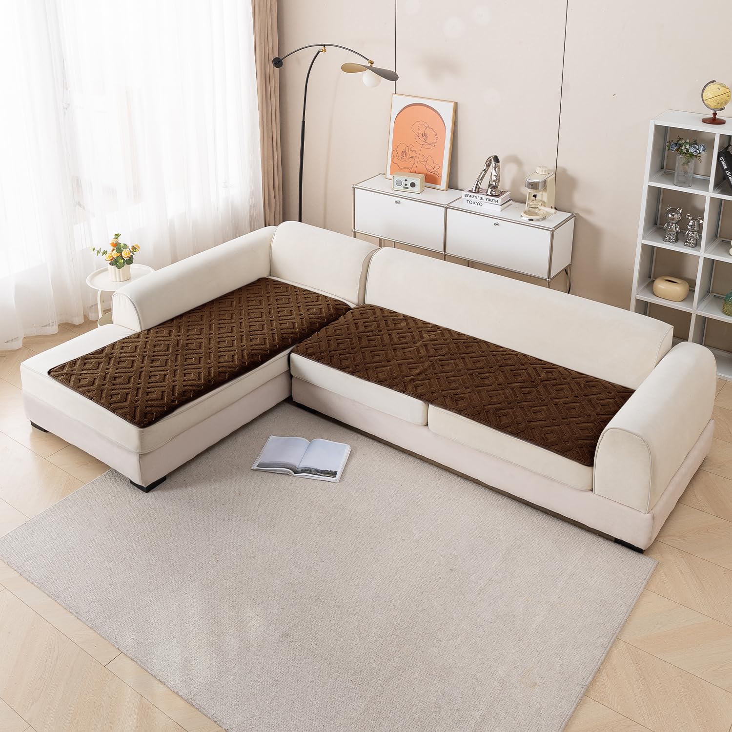 HOKIPO 'Velvet Maze' Premium L Shape (2+2 Seater) Sofa Cover Seat Mat with Anti-Slip Backing, Dark Brown (AR-5905-DBR + AR-5906-DBR)-image-38