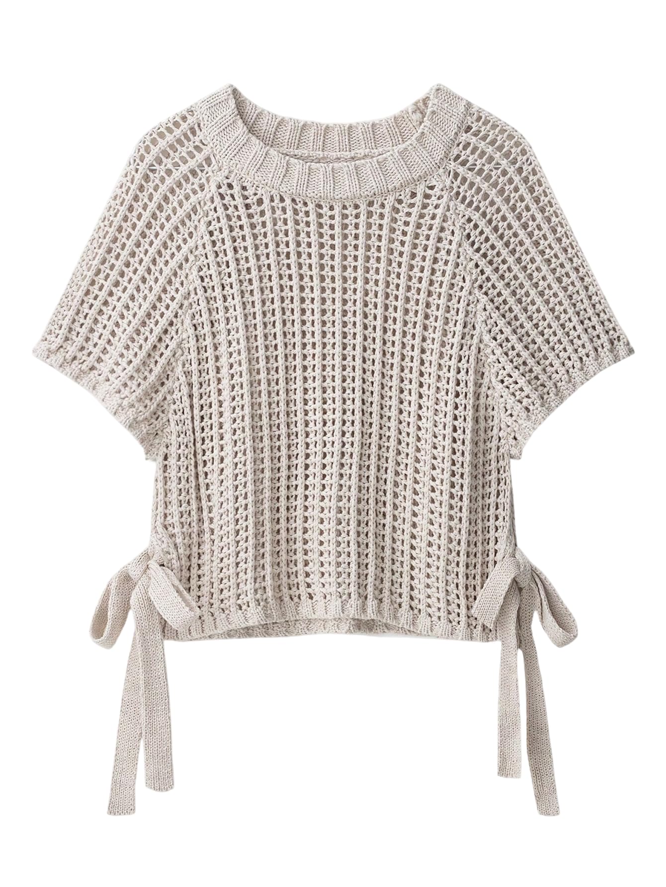 WDIRARA Womens Tie Side Hollow Out Crochet Sweater Short Sleeve Crew Neck Pullovers Knit Tops