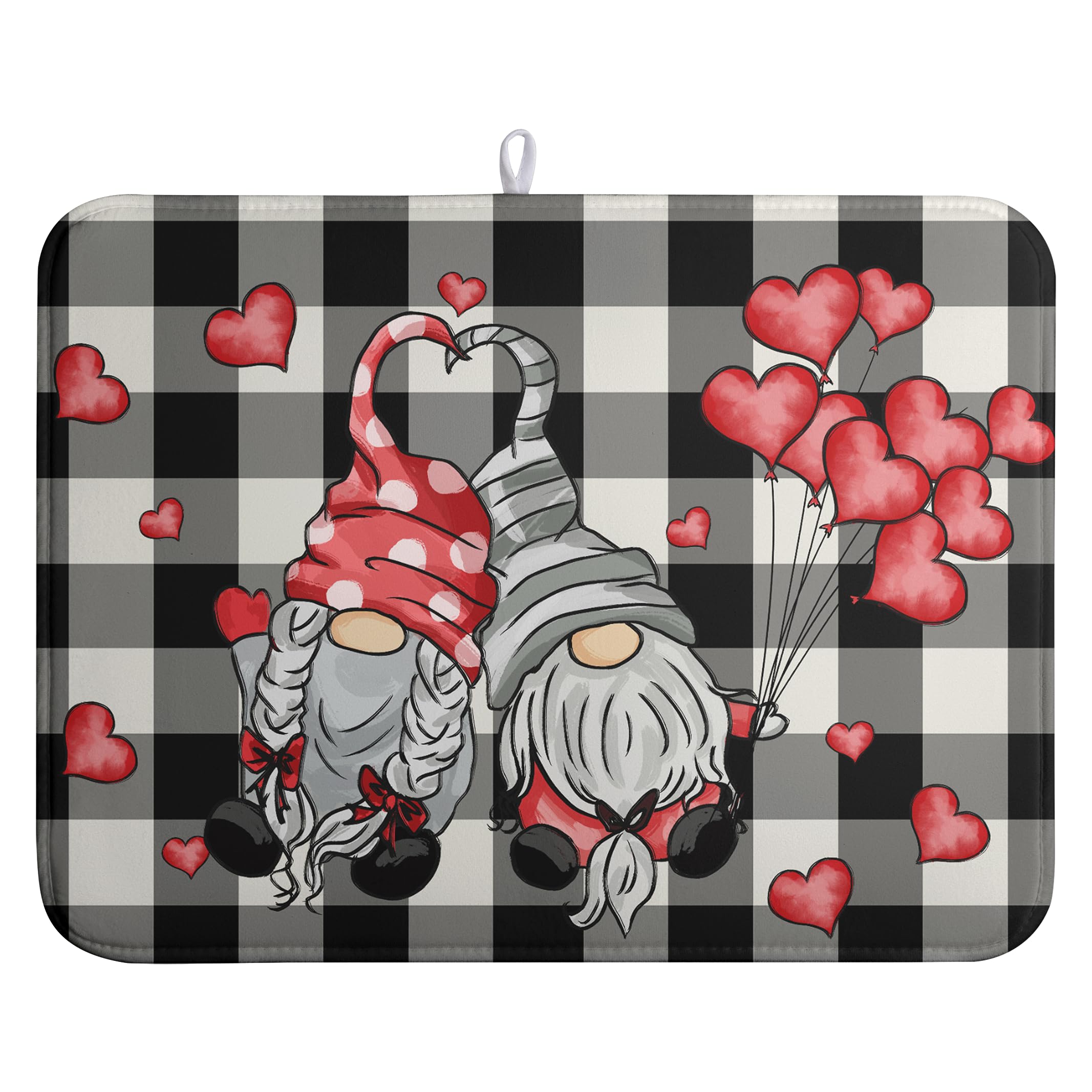 Valentine Gnome Hearts Dish Drying Mat Valentines Gnomes Dishes Dryer Mats for Kitchen Countertop 18x24 Inches Under Coffee Maker Drainer Matt Microfiber Large