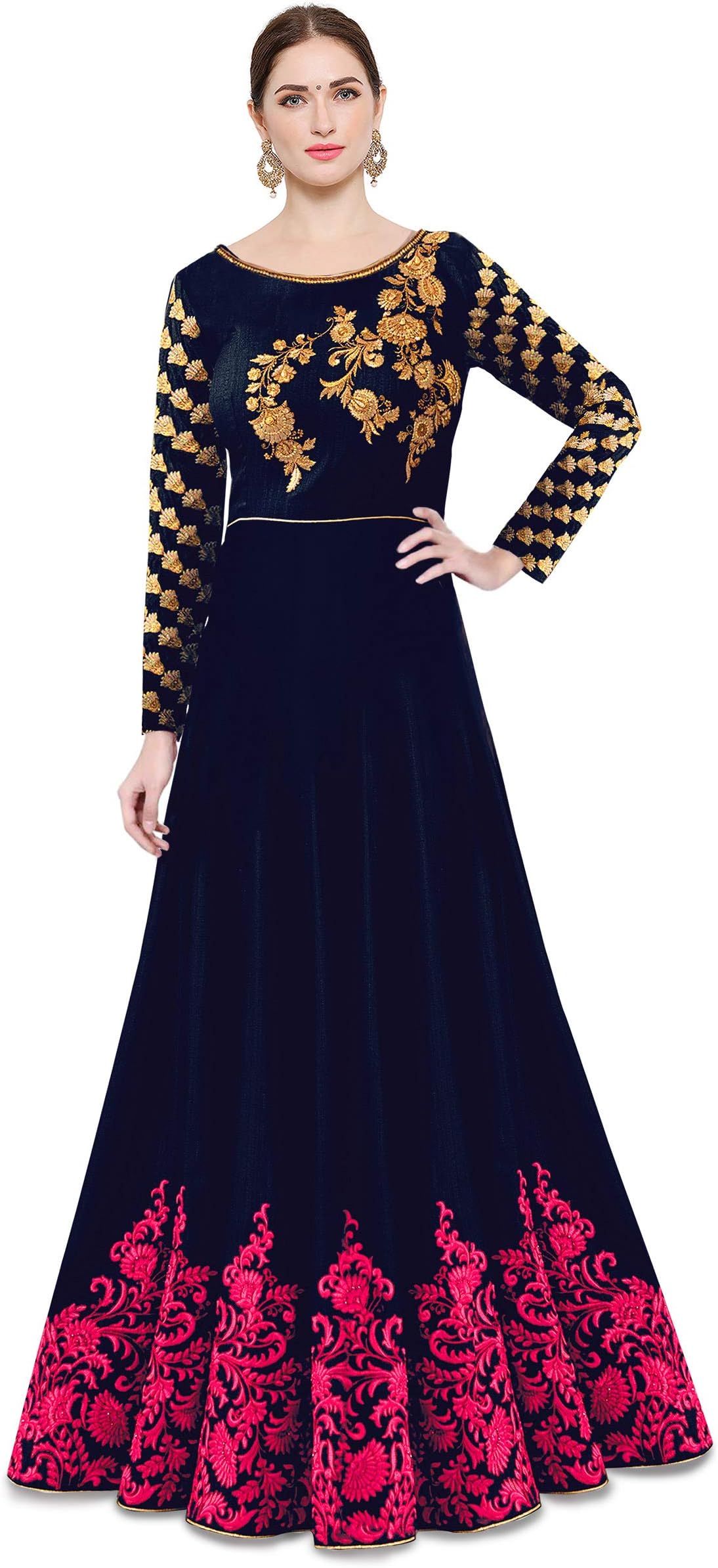 KEDARFABKedar Fab Women's Cotton Silk Anarkali Gown (Blue Pink Free Size)