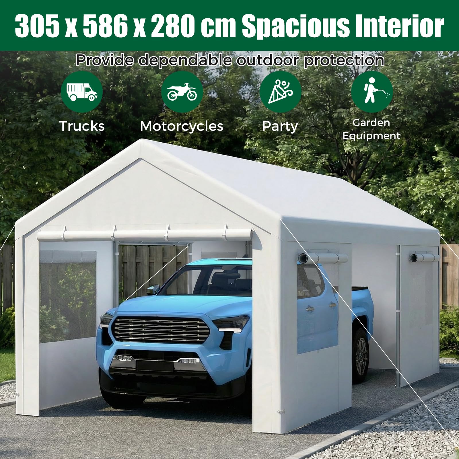 Tenda Garage Auto Esterno Tettoia Telaio Metallo Copertura PE Resistente Intemperie Capanno Giardino Bianco 305x586x280 cm