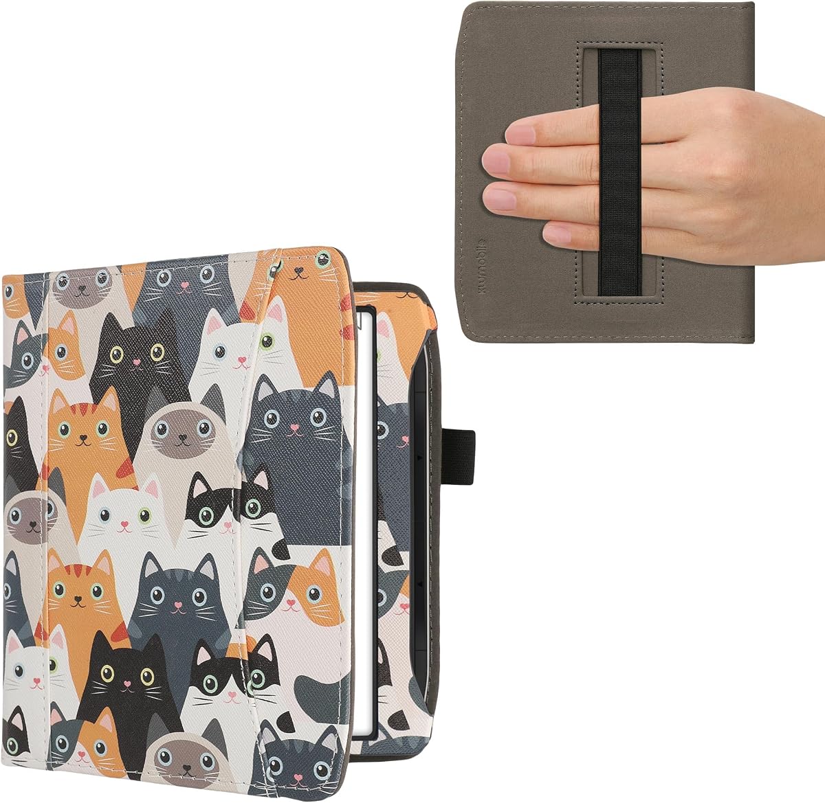 kwmobile Funda Compatible con Pocketbook Era/Era Color/Era Lite - Funda de Cuero PU con Cierre magnético, Correa, Bolsillo Delantero - Gatos Naranja/Negro/Blanco