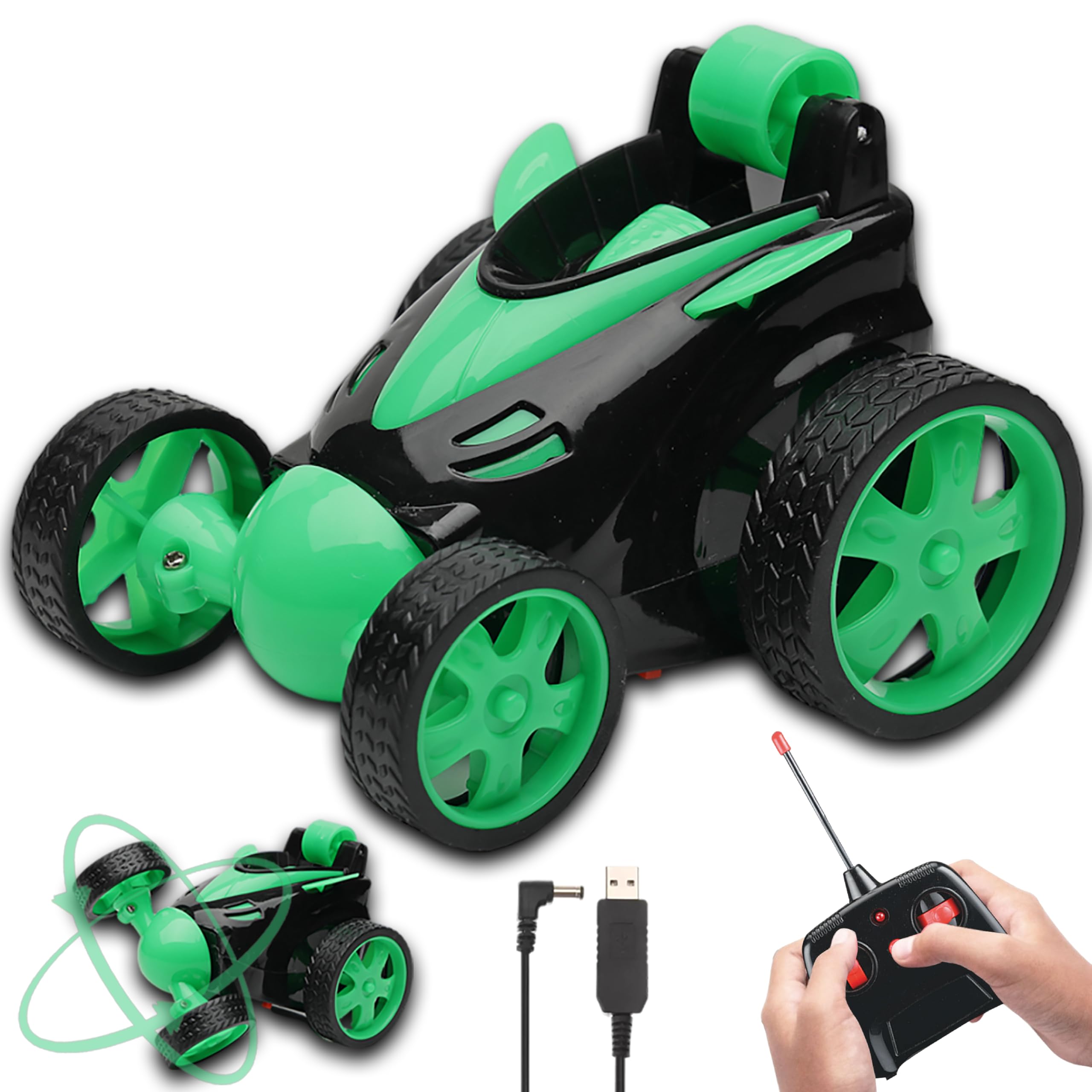 Gooyo GY-2090-14 360° Rotating & Rolling Stunt Car Toy with Demo Functions | Spin, Stunt, Flip Functions | Remote Control Stunt Car Toy for Kids | Green | in-Built Battery | Gift Box Packaging-image-1