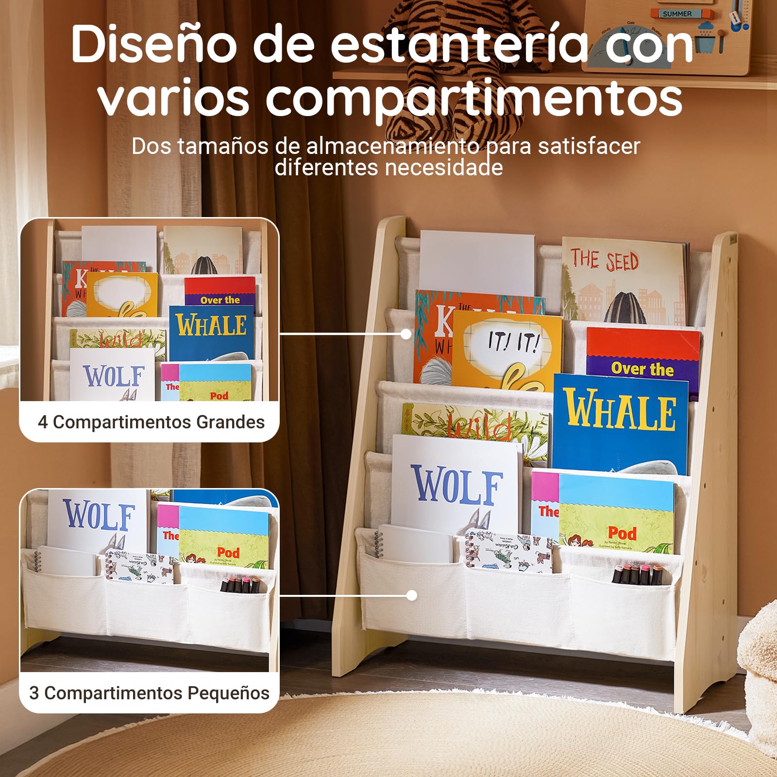 SoBuy Librería Infantil Montessori Estantería Libros Infantil con 4 Estantes y 3 Bolsillos de Tela Biblioteca para Almacenaje de Libros y Juguetes Natural 63x28x76cm KMB50-N