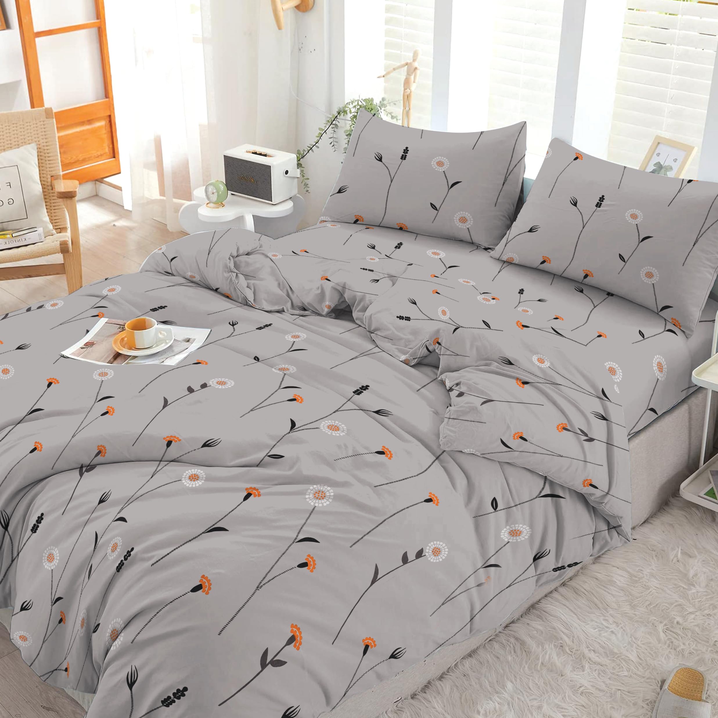 Cotton Comfort Bedding & Linen 3PCS Double Duvet Cover Set 100% Egyptian Cotton Bedding Double Bed Set 400 Thread Count Floral Printed Poppy Grey Duvet Cover Double with Pillow Cases 2 Pack
