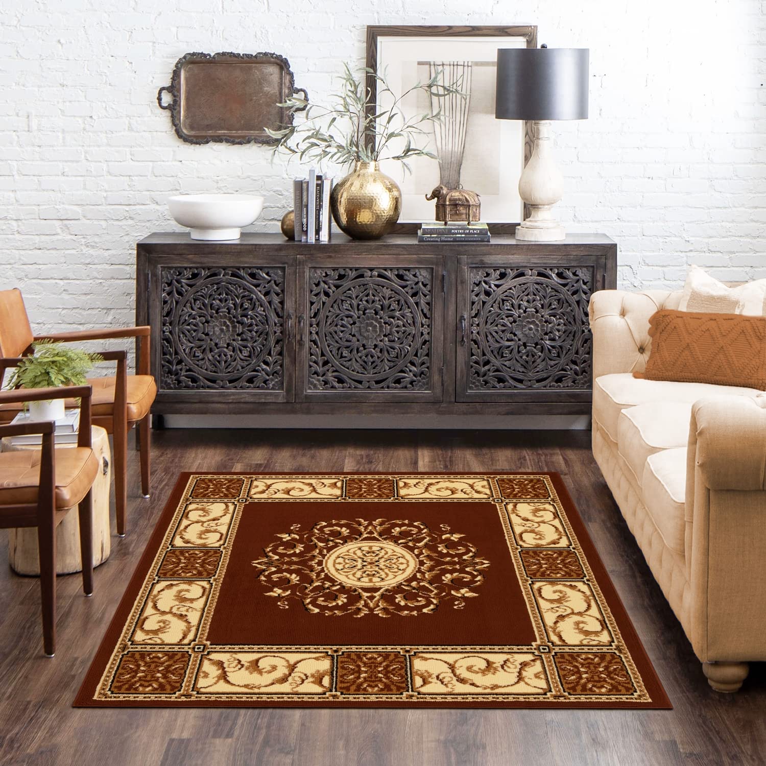 Superior Indoor Area Rug with Jute Backing, Perfect for Office, Living/Dining, Bedroom, Kitchen, Entryway, Traditional Floor Decor, Elegant Medallion Collection, 5' x 5' Square, Toffee