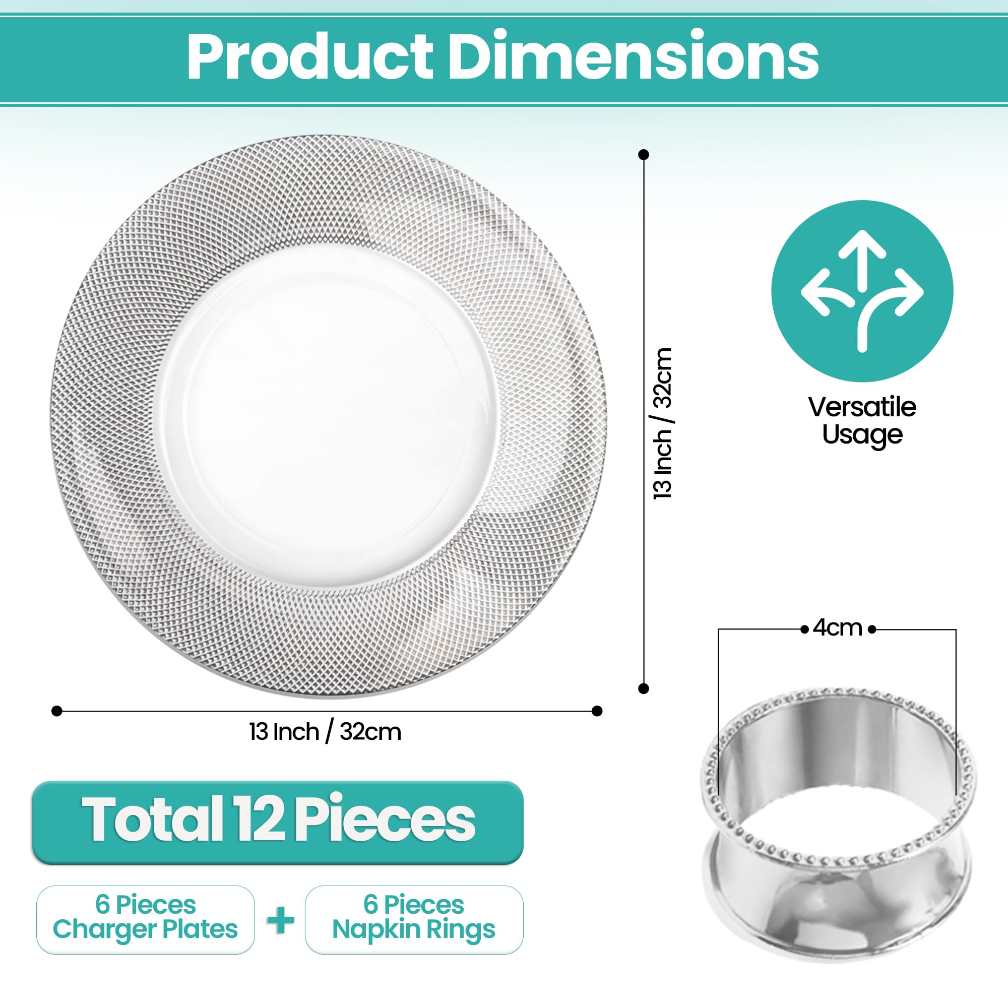 Trimming Shop - Piatti di carico in vetro da 33 cm con porta tovaglioli abbinati a quadri argentati e martellati, confezione da 6 per matrimoni, banchetti, compleanni, cene, catering e forniture per