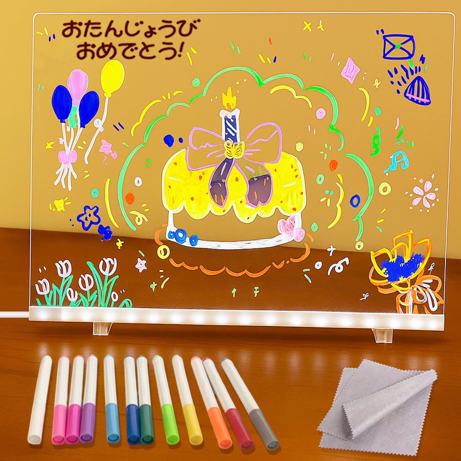 LED ノートボード DIYお絵描きボード 繰り返し書いて消せるボード 12本のペン&スタンド付き 落書き/お絵かき/学習/伝言板/卓上メニューボード オフィス 学校 家庭用 重複使用可能 誕生日(30cm*20cm)
