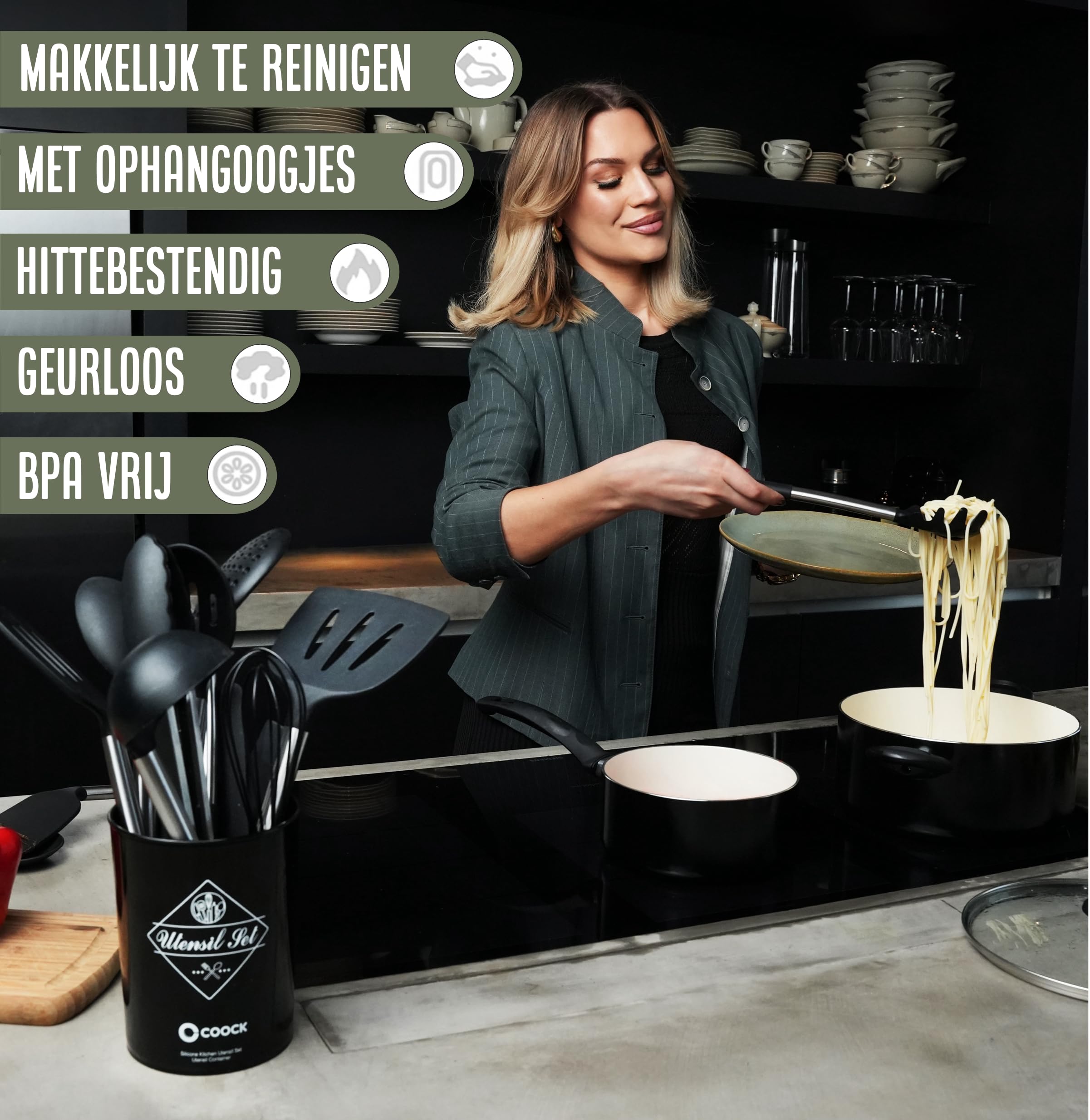 Set di 26 utensili da cucina XL con supporto – nero | Strumenti in silicone resistenti al calore e supporto in acciaio inox senza BPA, lavabili in lavastoviglie, sicuri antiaderenti, di alta