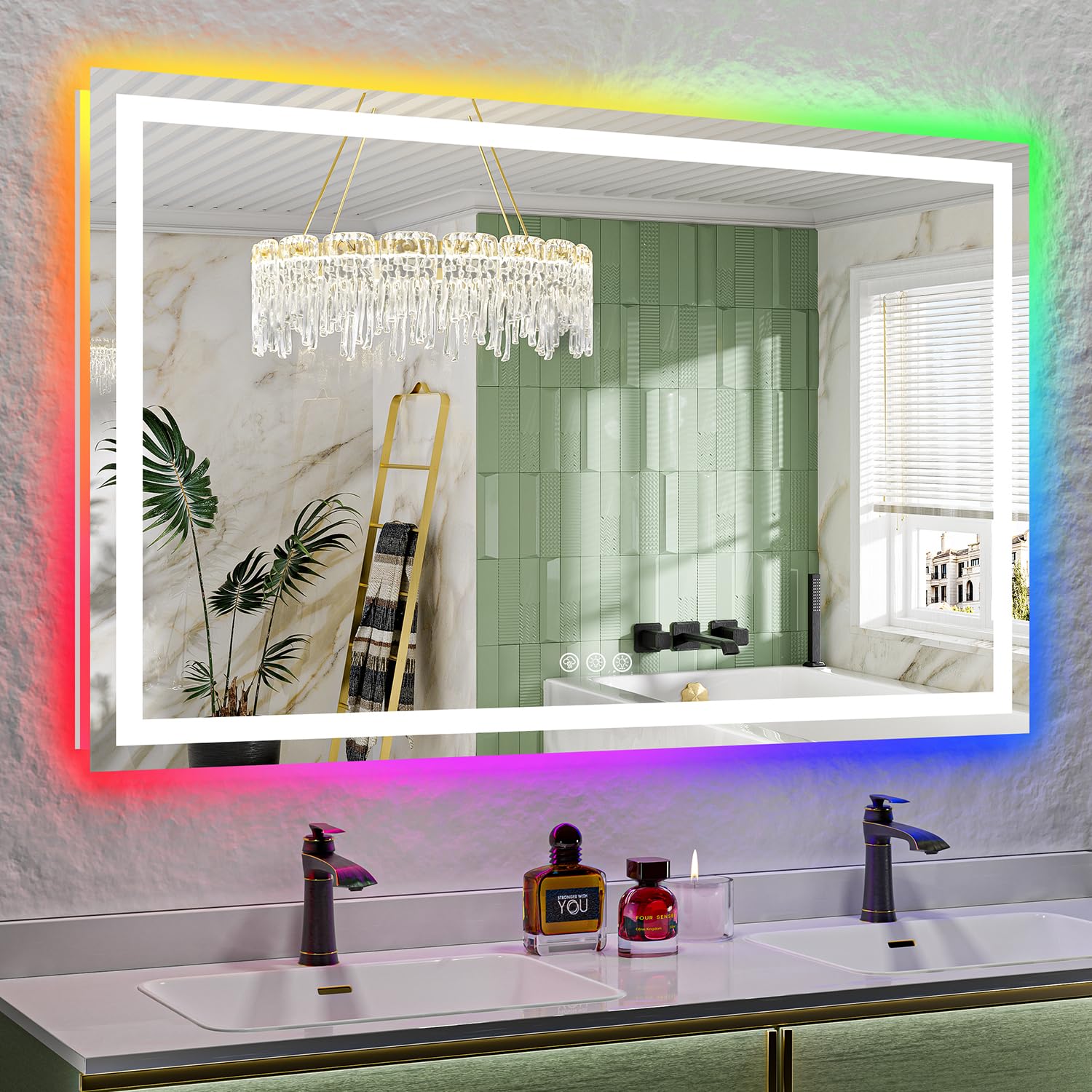 60x38 inch rgb led bathroom mirror front light and rgb backlit lighted vanity mirror for bathroom wall mounted dimmable anti fog memory shatter-proof ip54 waterproof horizontal/vertical
