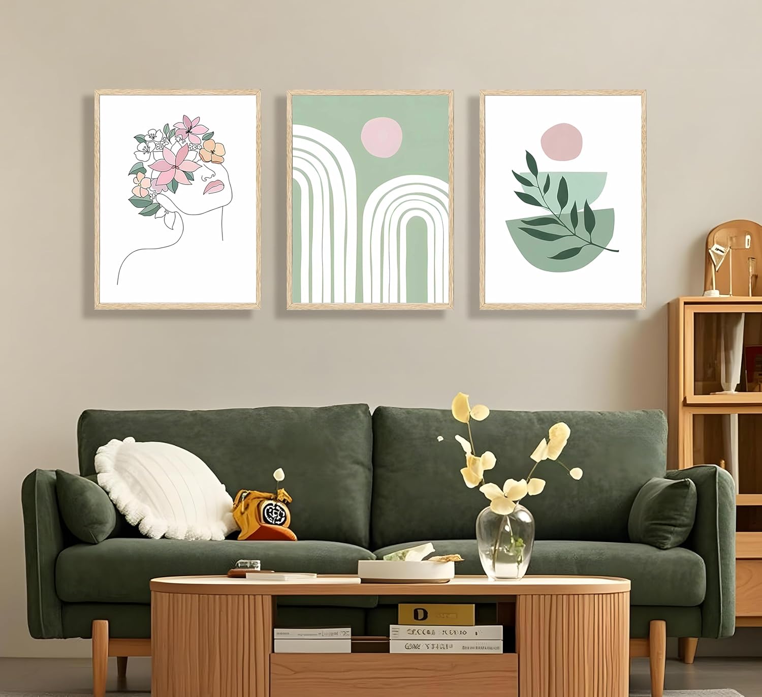 JWDXNOOK 3Pcs Abstract Minimalist Wall Art Green Plant & Abstract Line Female Floral Posters Wall Decor Soft Green Pink Boho Canvas paintings prints for Bedroom Living Room decoration Unframed