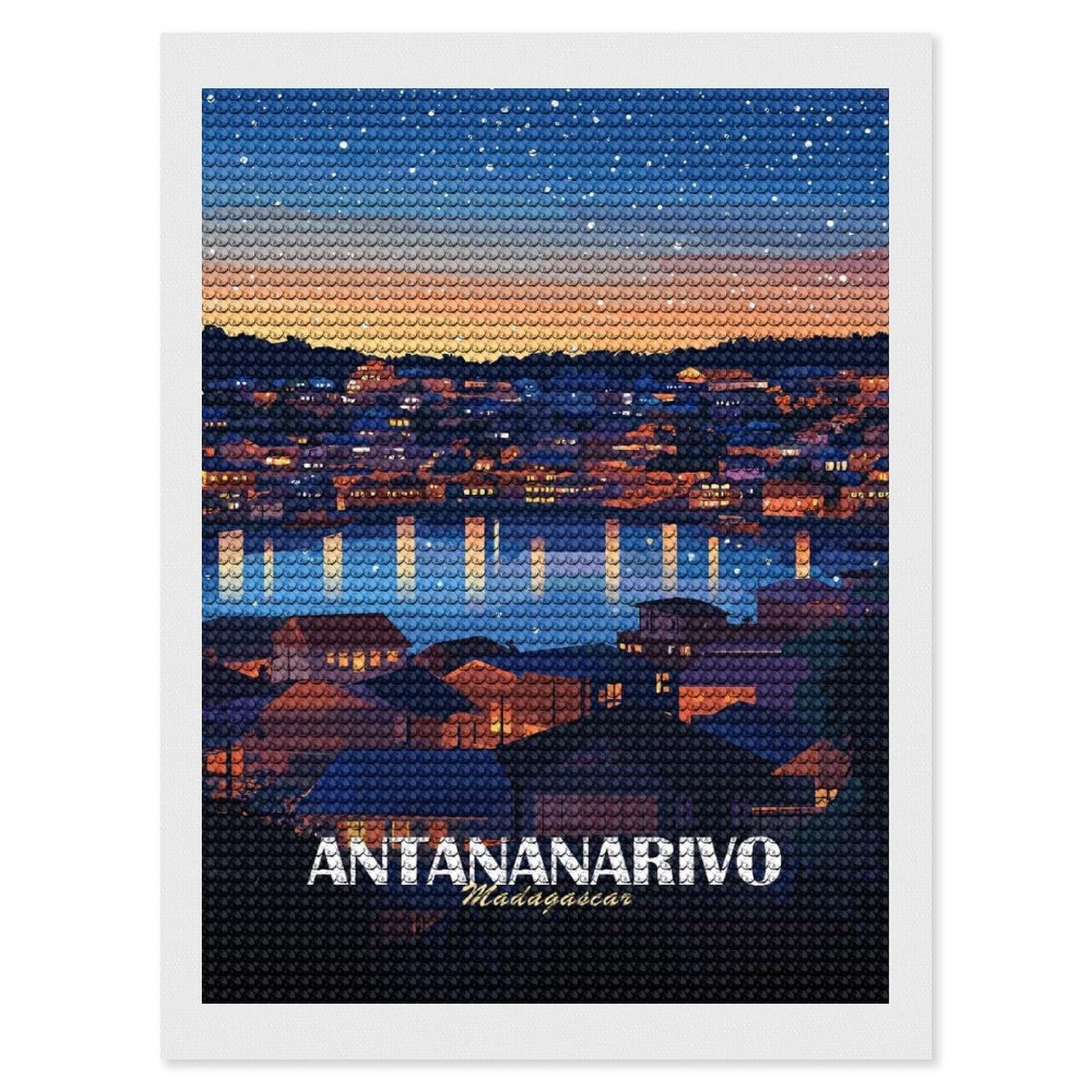 Junmoney Antananarivo, Madagascar at Night Diamond Painting Kit 12"x16", Thoughtful Handmade Gift, for Creative Relaxation, Printed Canvas, Cosy Home Accent
